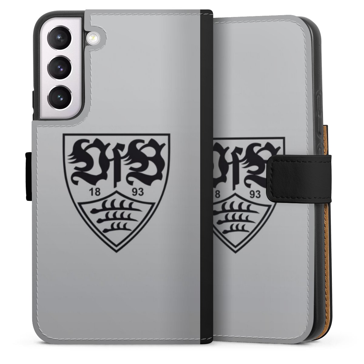 Galaxy S22+ Handy Klapphülle Handyhülle aus Kunst Leder schwarz Flip Case Logo Vfb Stuttgart Official Licensed Product Sideflip mit Lasche