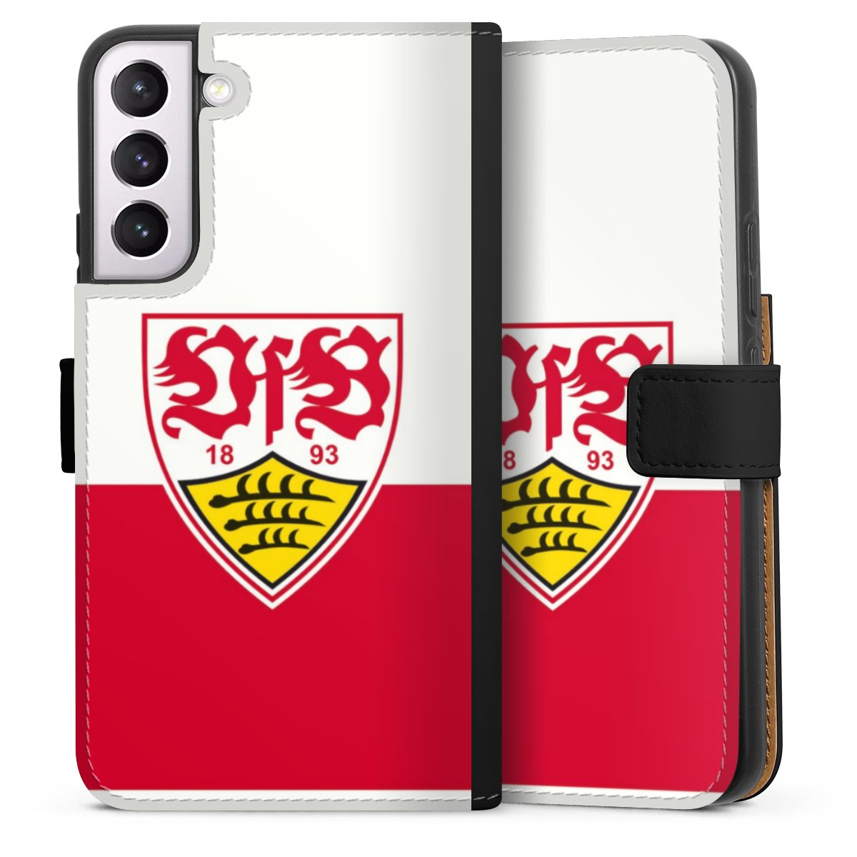 Galaxy S22+ Handy Klapphülle Handyhülle aus Kunst Leder schwarz Flip Case Official Licensed Product Logo Vfb Stuttgart Sideflip mit Lasche