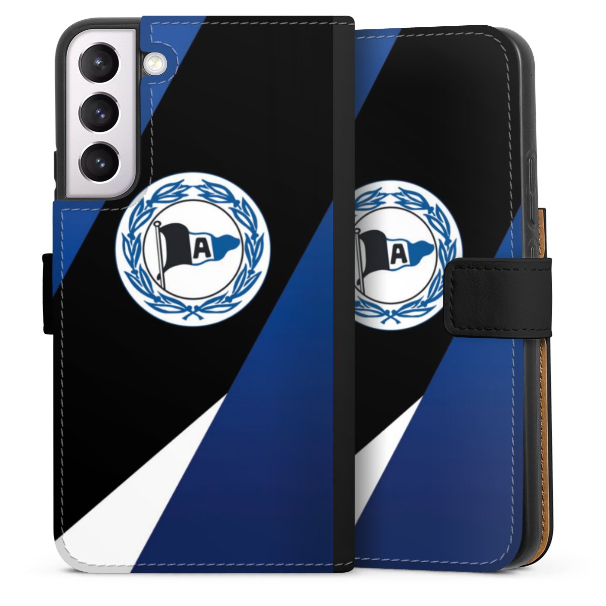 Galaxy S22+ Handy Klapphülle Handyhülle aus Kunst Leder schwarz Flip Case Official Licensed Product Arminia Bielefeld Dsc Sideflip mit Lasche