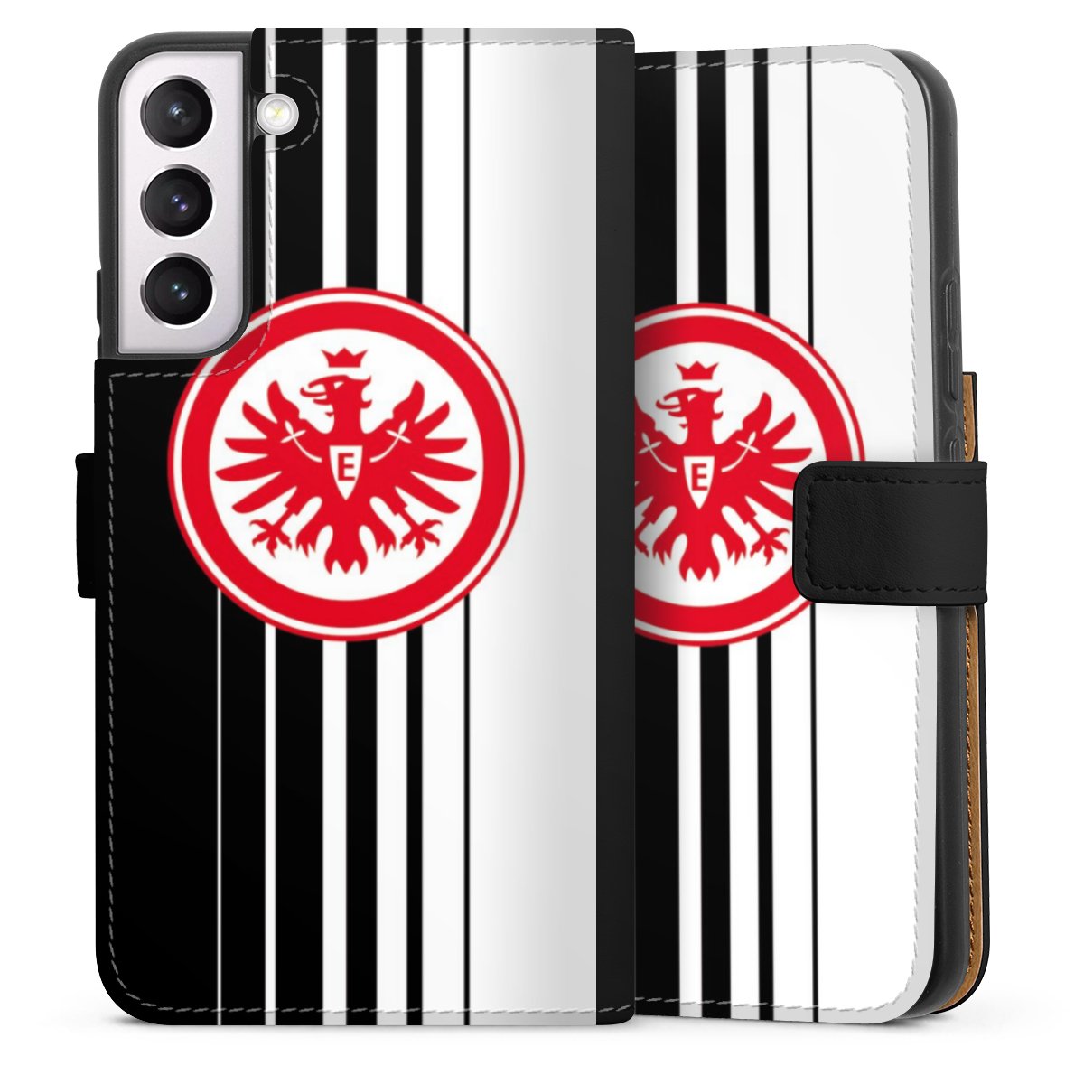 Galaxy S22+ Handy Klapphülle Handyhülle aus Kunst Leder schwarz Flip Case Stripes Eintracht Frankfurt Official Licensed Product Sideflip mit Lasche