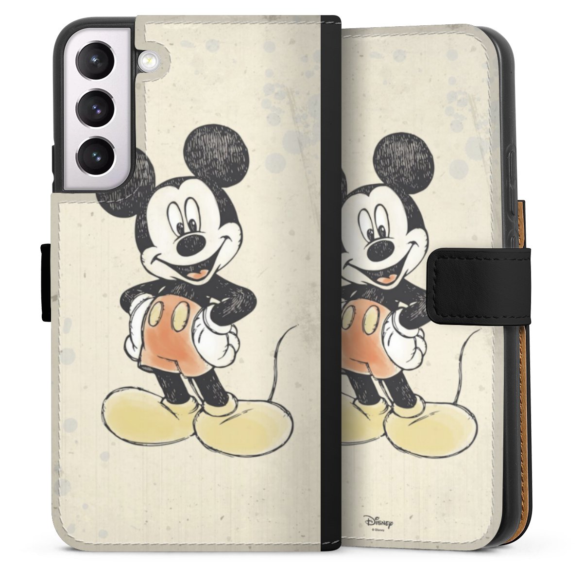 Galaxy S22+ Handy Klapphülle Handyhülle aus Kunst Leder schwarz Flip Case Water Colour Mickey & Minnie Mouse Official Licensed Product Sideflip mit Lasche