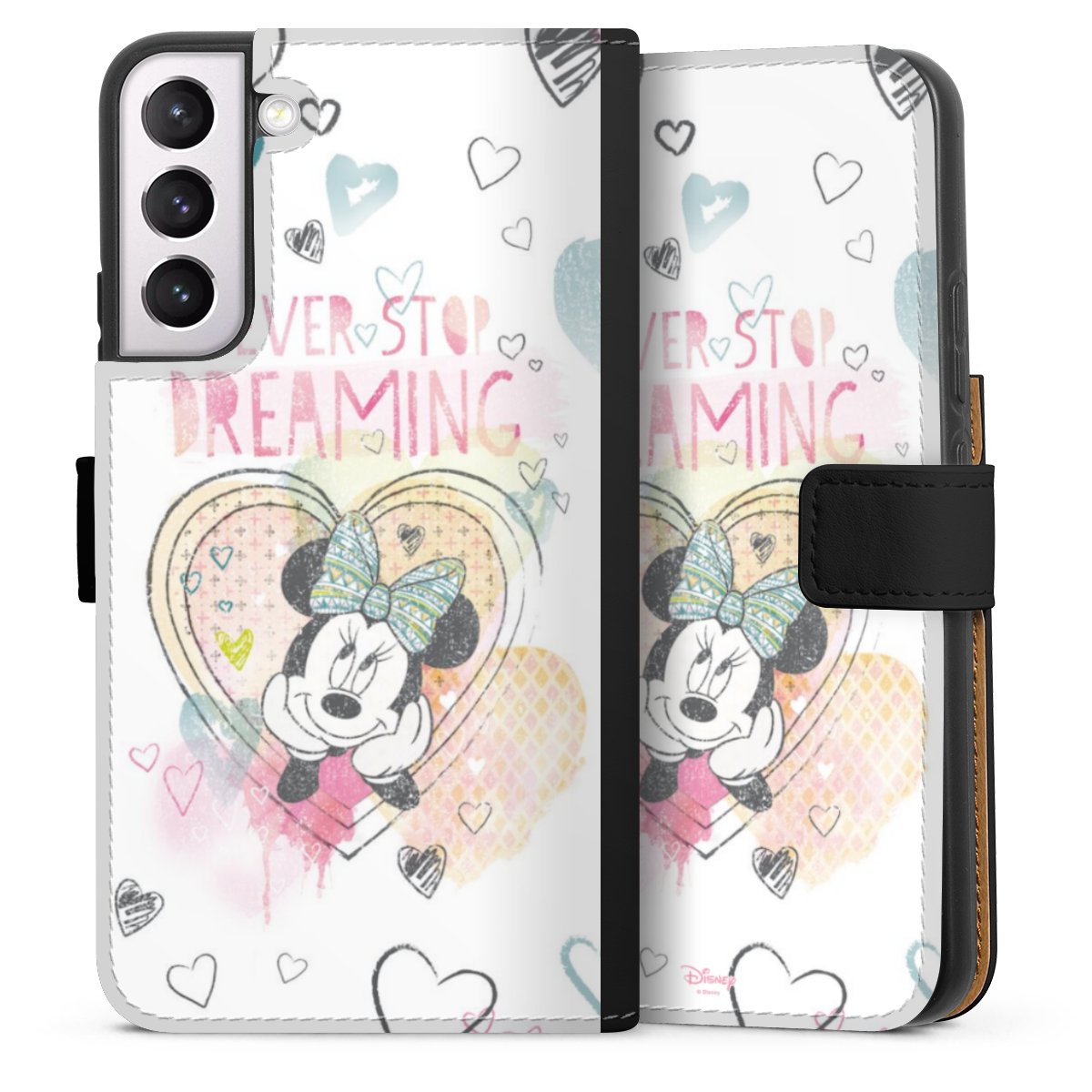 Galaxy S22+ Handy Klapphülle Handyhülle aus Kunst Leder schwarz Flip Case Disney Official Licensed Product Minnie Mouse Sideflip mit Lasche