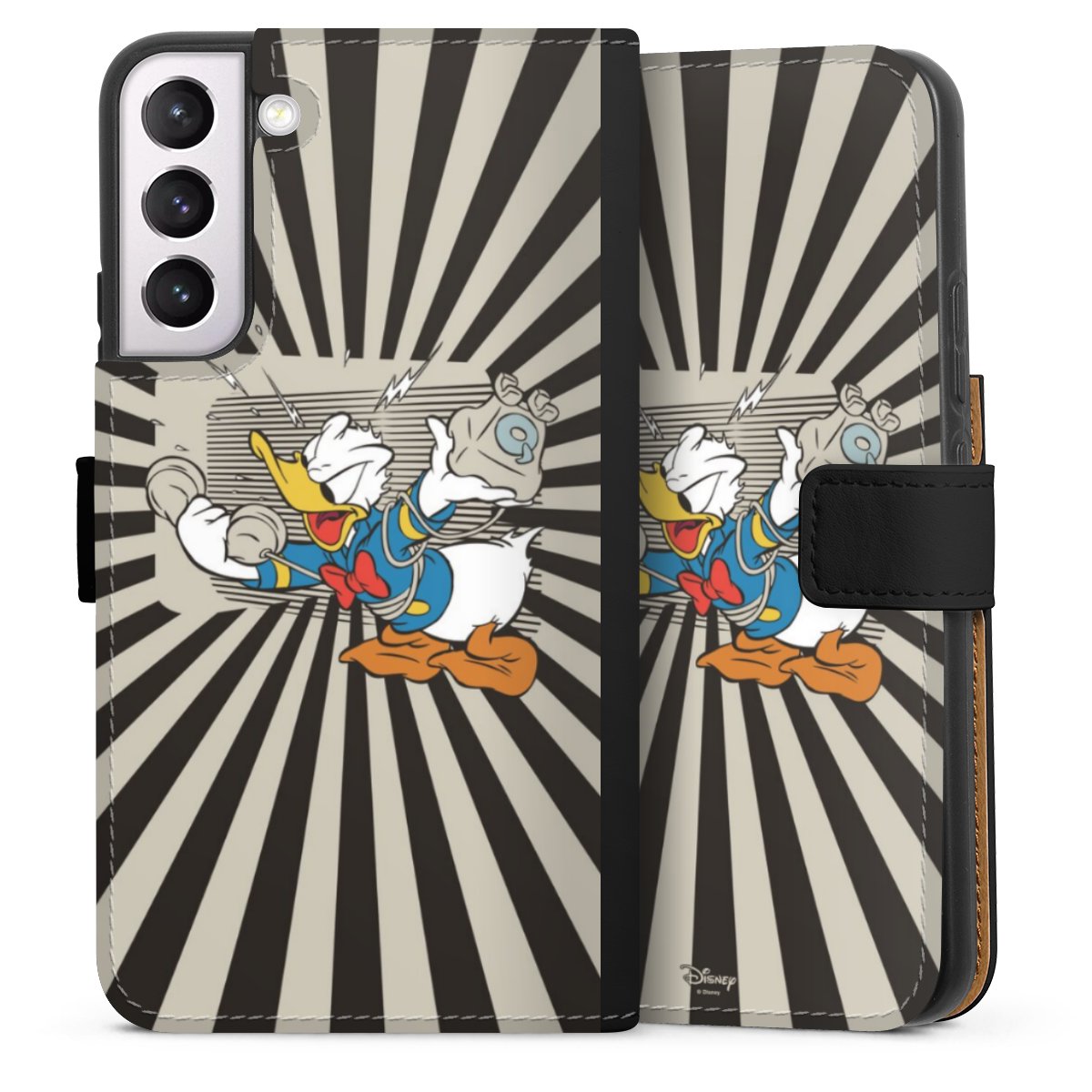 Galaxy S22+ Handy Klapphülle Handyhülle aus Kunst Leder schwarz Flip Case Donald Duck Disney Official Licensed Product Sideflip mit Lasche