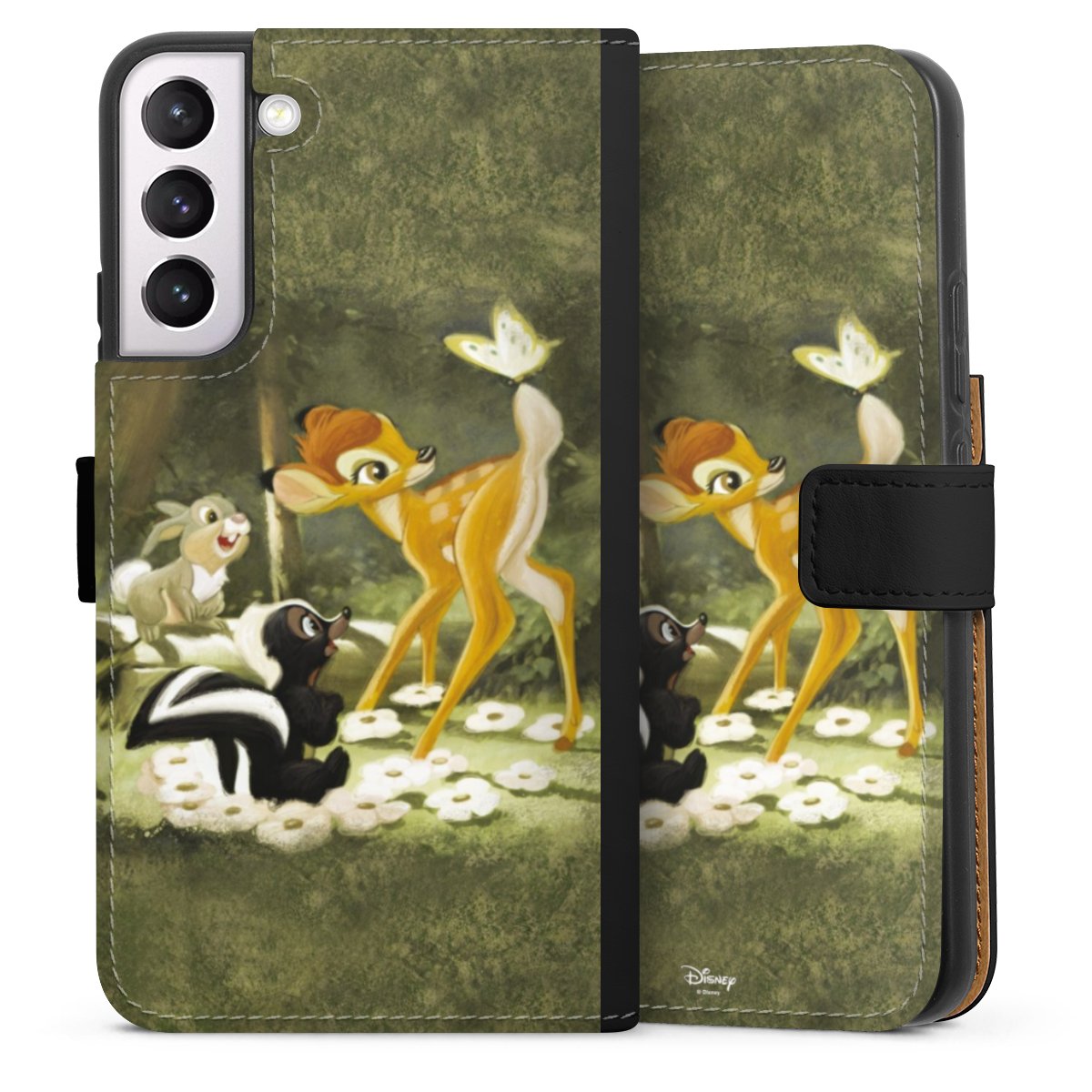 Galaxy S22+ Handy Klapphülle Handyhülle aus Kunst Leder schwarz Flip Case Disney Official Licensed Product Bambi Sideflip mit Lasche