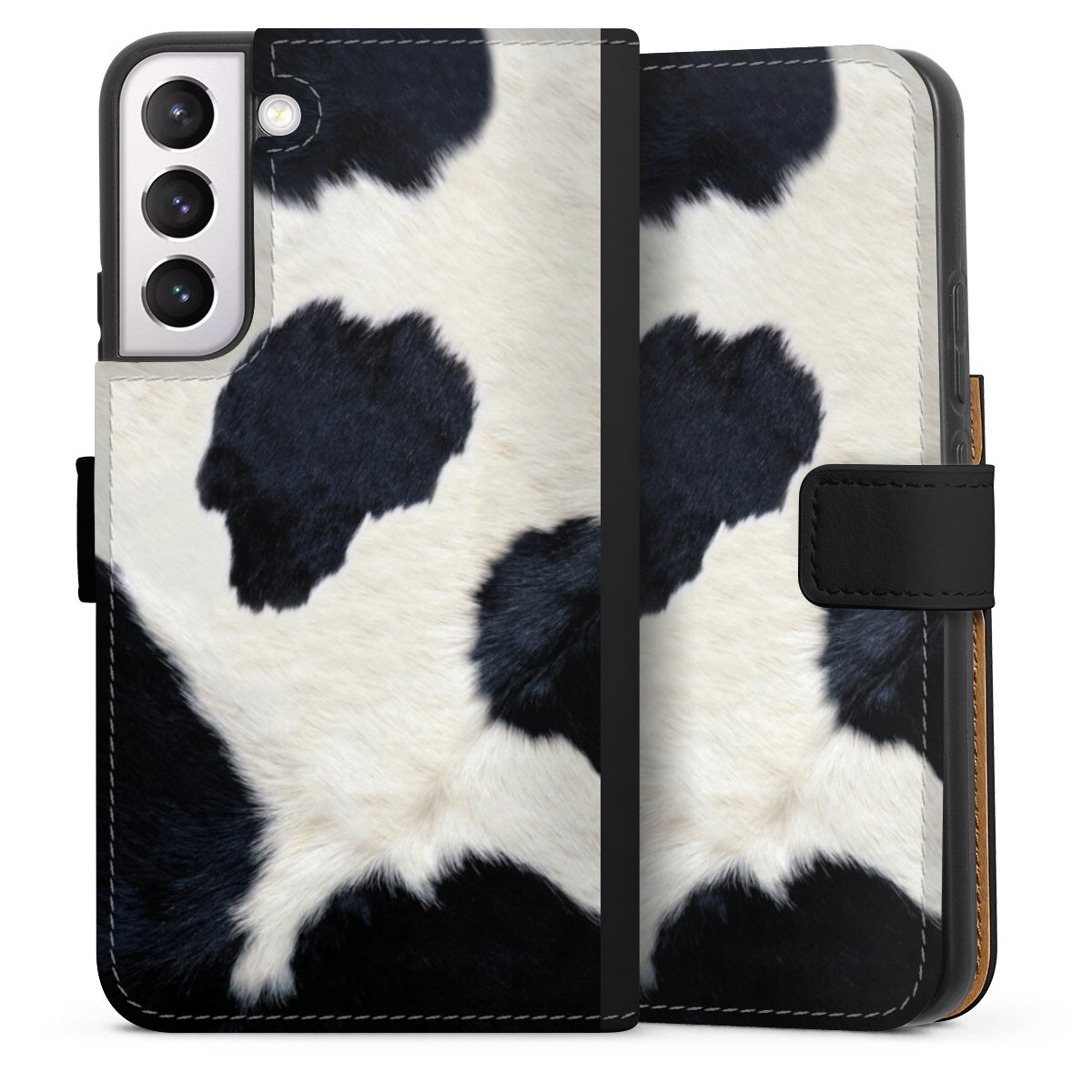 Galaxy S22+ Handy Klapphülle Handyhülle aus Kunst Leder schwarz Flip Case Animal Look Animal Print Cow Skin Sideflip mit Lasche