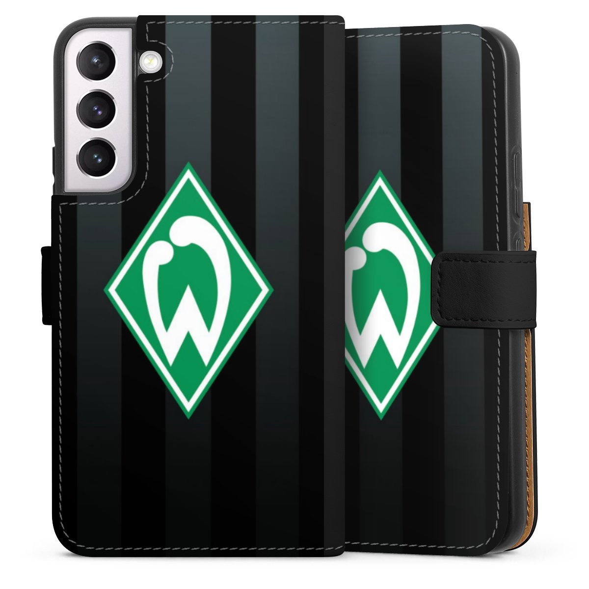 Galaxy S22+ Handy Klapphülle Handyhülle aus Kunst Leder schwarz Flip Case Stripes Sv Werder Bremen Official Licensed Product Sideflip mit Lasche