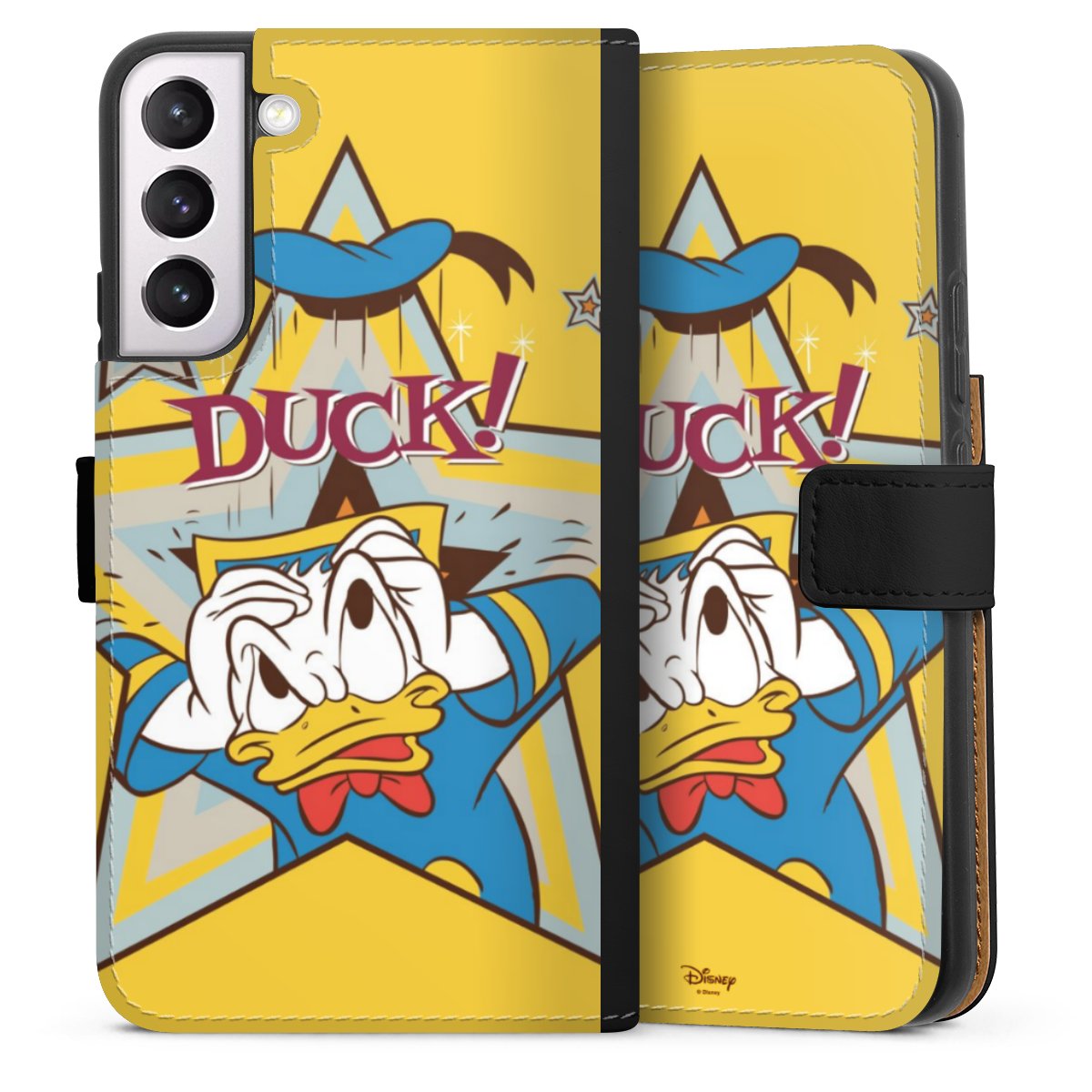 Galaxy S22+ Handy Klapphülle Handyhülle aus Kunst Leder schwarz Flip Case Official Licensed Product Donald Duck Disney Sideflip mit Lasche