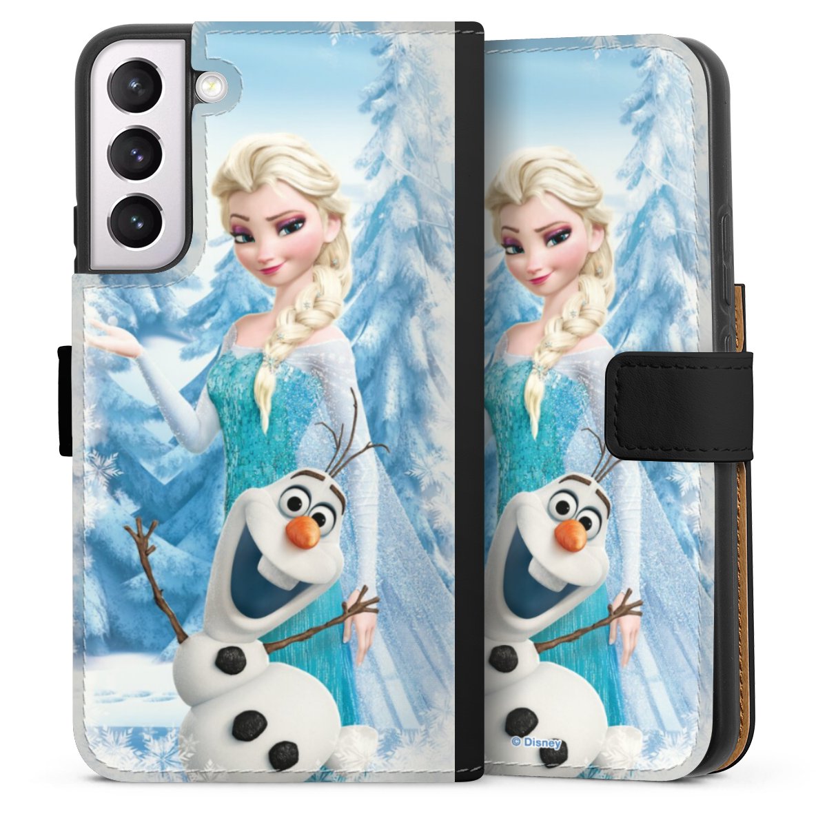 Galaxy S22+ Handy Klapphülle Handyhülle aus Kunst Leder schwarz Flip Case Official Licensed Product Frozen Elsa Disney Sideflip mit Lasche