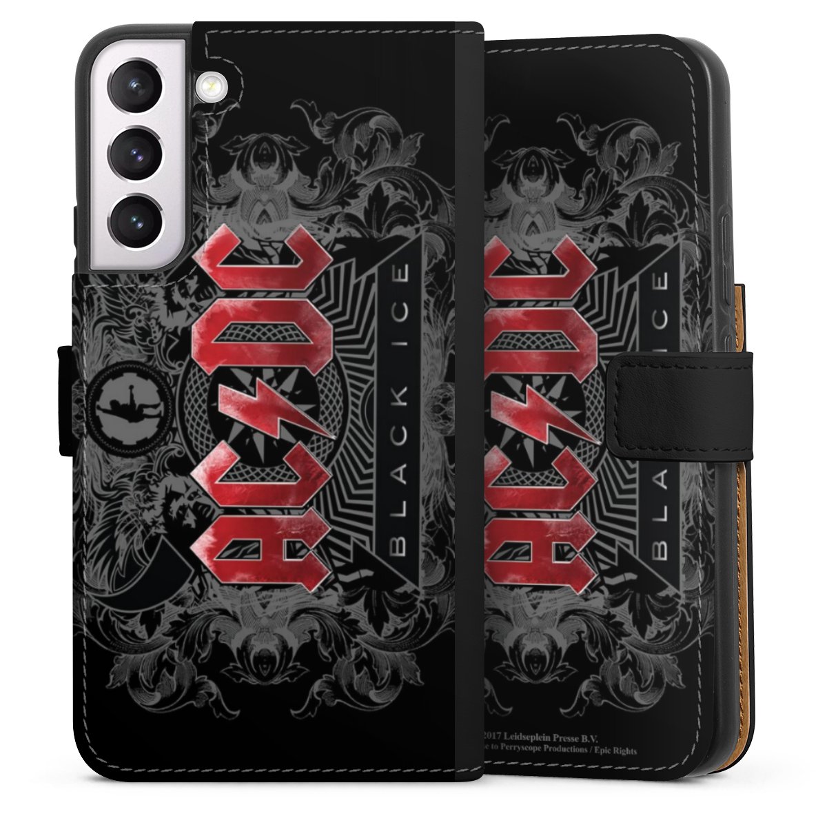 Galaxy S22+ Handy Klapphülle Handyhülle aus Kunst Leder schwarz Flip Case Merchandise Black Ice Acdc Sideflip mit Lasche