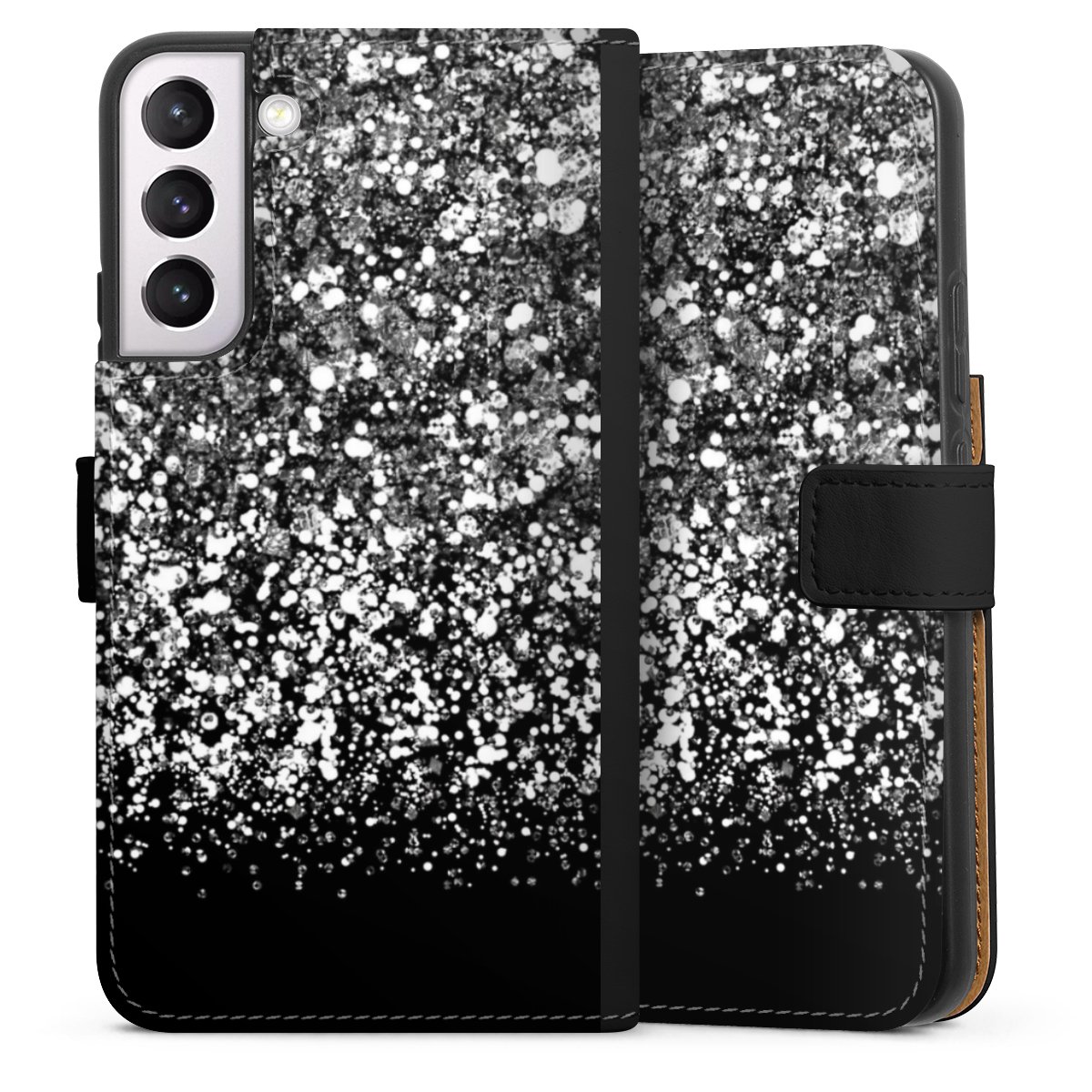 Galaxy S22+ Handy Klapphülle Handyhülle aus Kunst Leder schwarz Flip Case Glitzer Snowflake Muster Sideflip mit Lasche