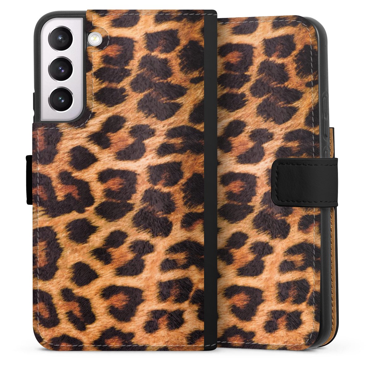 Galaxy S22+ Handy Klapphülle Handyhülle aus Kunst Leder schwarz Flip Case Animal Print Leopard Fur Sideflip mit Lasche