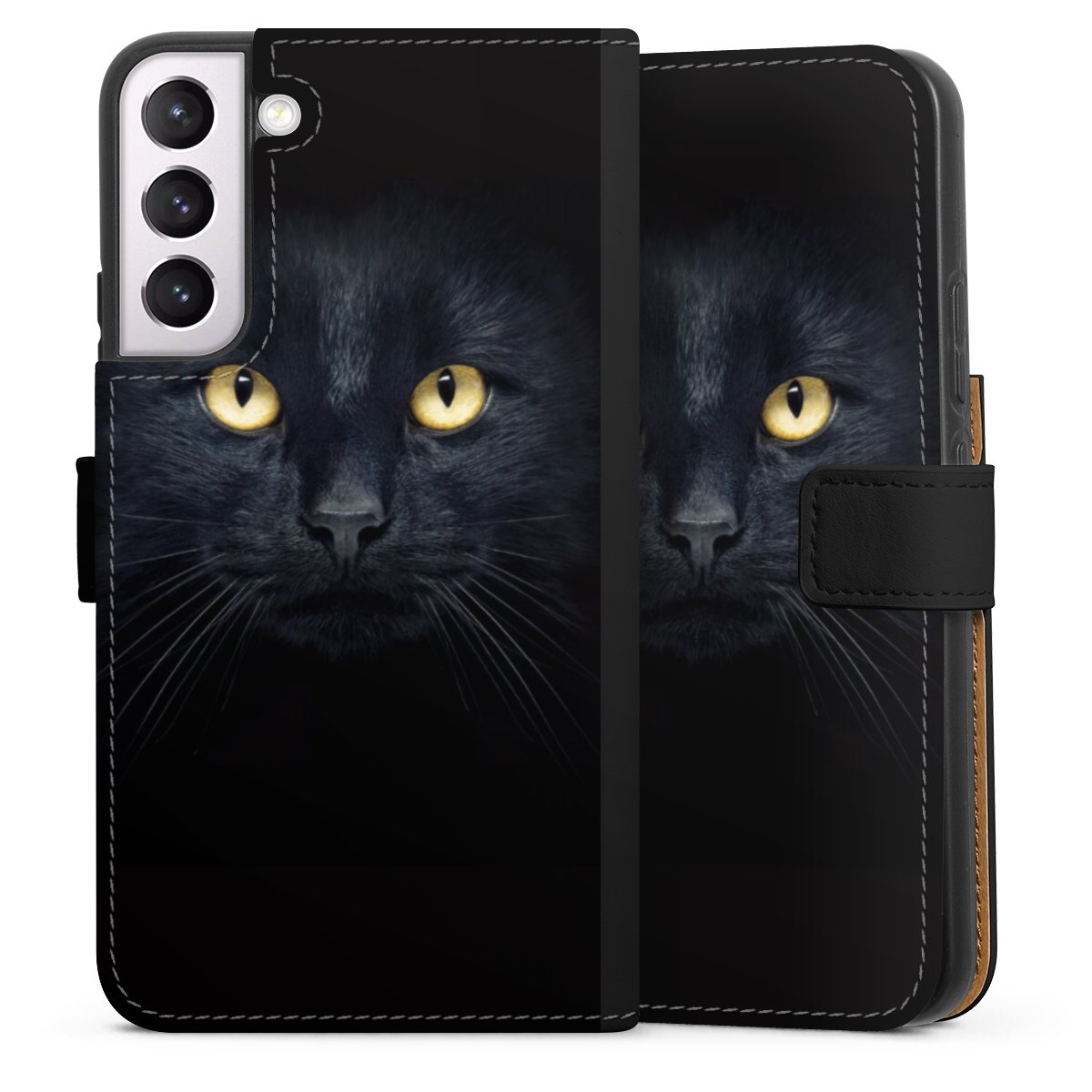 Galaxy S22+ Handy Klapphülle Handyhülle aus Kunst Leder schwarz Flip Case Eye Cat Black Sideflip mit Lasche