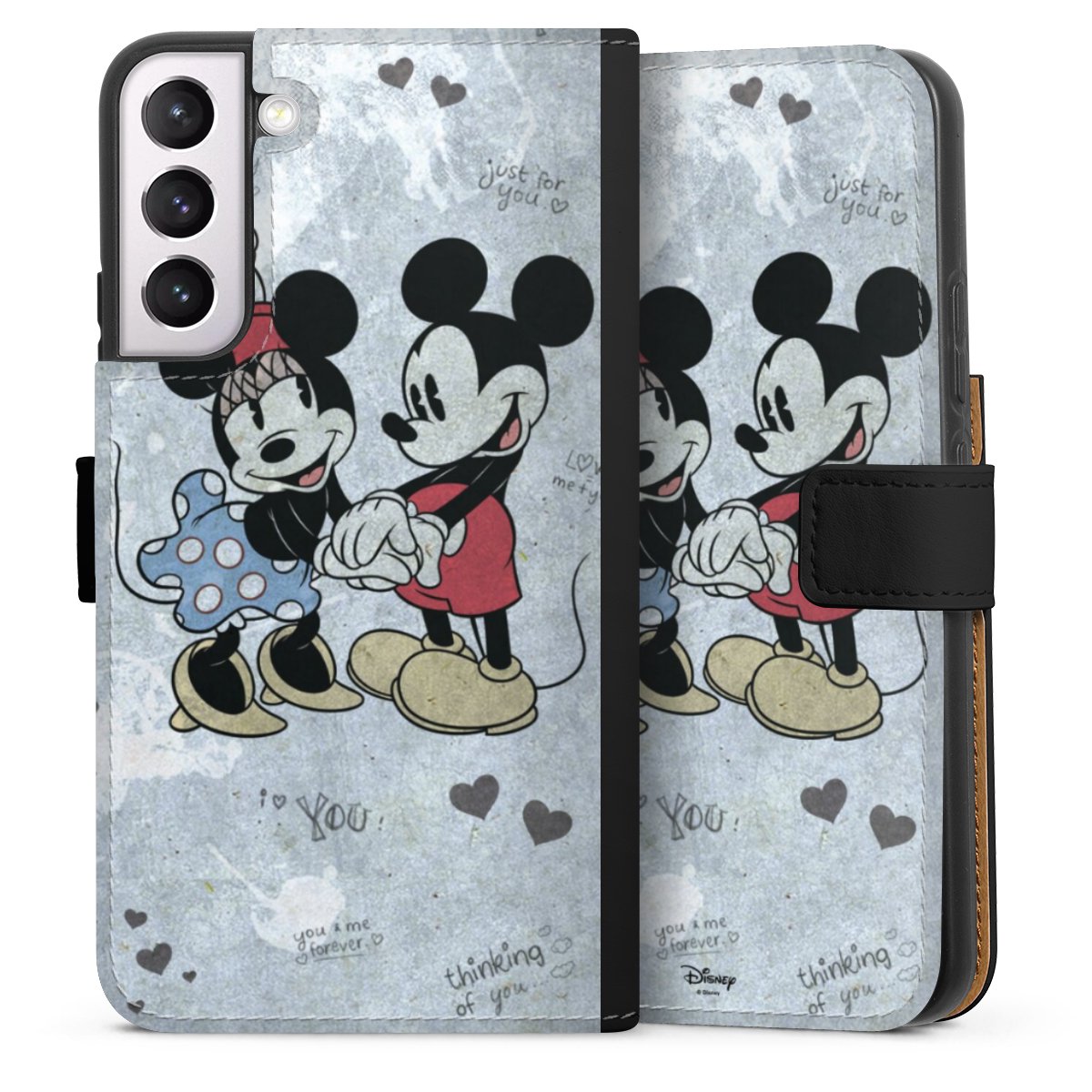 Galaxy S22+ Handy Klapphülle Handyhülle aus Kunst Leder schwarz Flip Case Mickey & Minnie Mouse Vintage Disney Sideflip mit Lasche