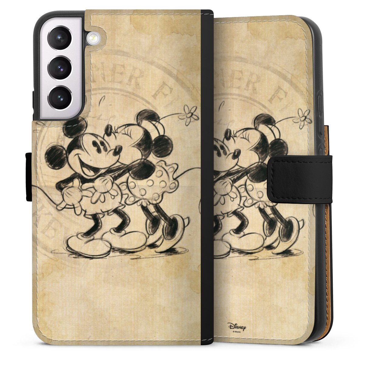 Galaxy S22+ Handy Klapphülle Handyhülle aus Kunst Leder schwarz Flip Case Mickey Mouse Vintage Minnie Mouse Sideflip mit Lasche