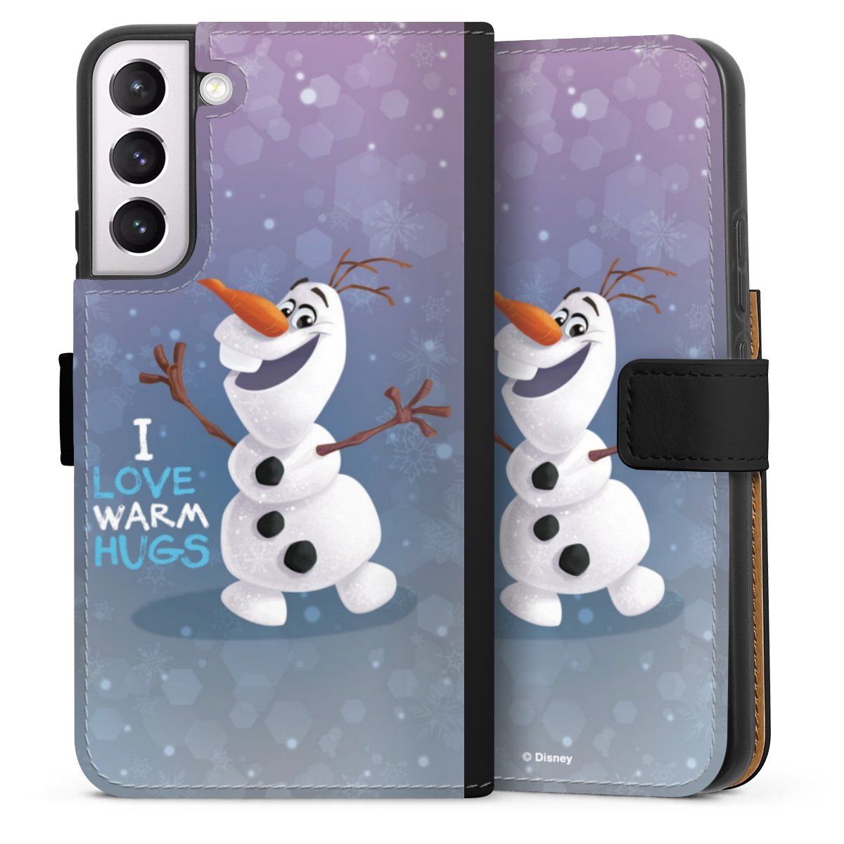 Galaxy S22+ Handy Klapphülle Handyhülle aus Kunst Leder schwarz Flip Case Frozen Frozen Olaf Official Licensed Product Sideflip mit Lasche