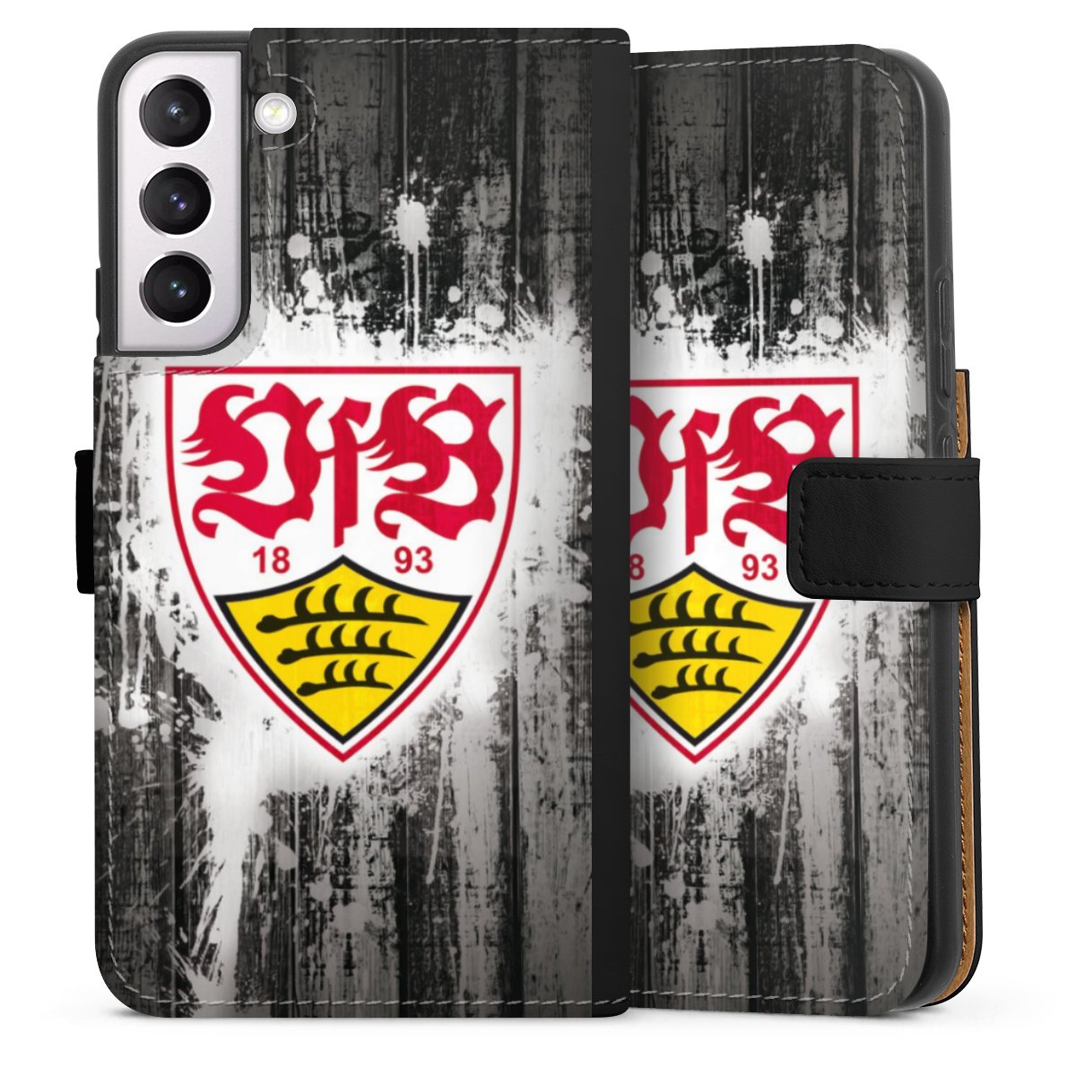 Galaxy S22+ Handy Klapphülle Handyhülle aus Kunst Leder schwarz Flip Case Vfb Stuttgart Official Licensed Product Sideflip mit Lasche