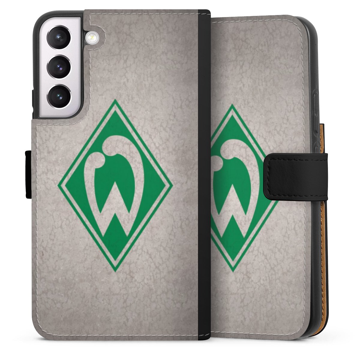 Galaxy S22+ Handy Klapphülle Handyhülle aus Kunst Leder schwarz Flip Case Sv Werder Bremen Concrete Official Licensed Product Sideflip mit Lasche