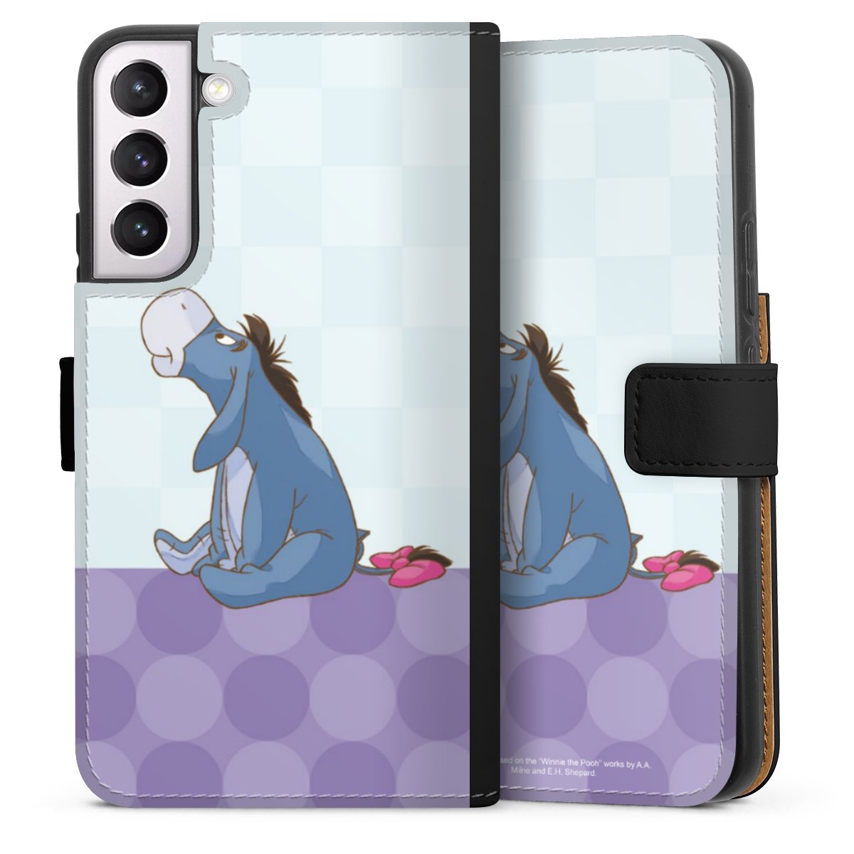 Galaxy S22+ Handy Klapphülle Handyhülle aus Kunst Leder schwarz Flip Case Disney Donkey Winnie The Pooh Sideflip mit Lasche