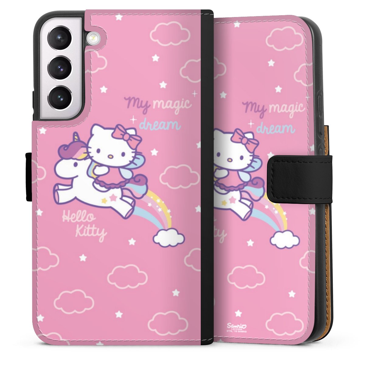 Galaxy S22+ Handy Klapphülle Handyhülle aus Kunst Leder schwarz Flip Case Einhorn Official Licensed Product Hello Kitty Sideflip mit Lasche