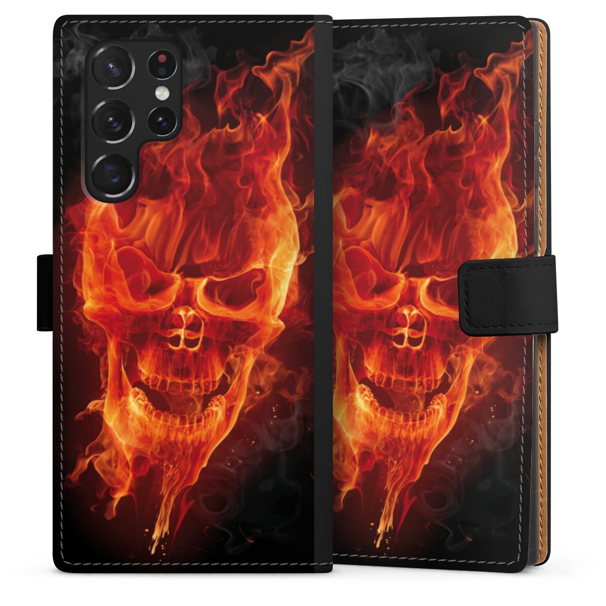 Galaxy S22 Ultra Handy Klapphülle Handyhülle aus Kunst Leder schwarz Flip Case Totenkopf Skull Fire Sideflip mit Lasche