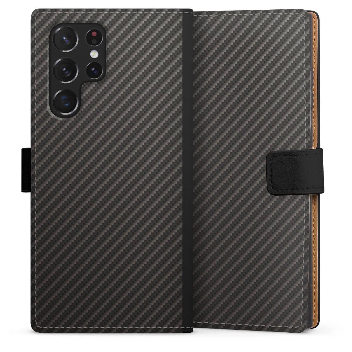 Galaxy S22 Ultra Handy Klapphülle Handyhülle aus Kunst Leder schwarz Flip Case Metallic Look Carbon Muster Sideflip mit Lasche