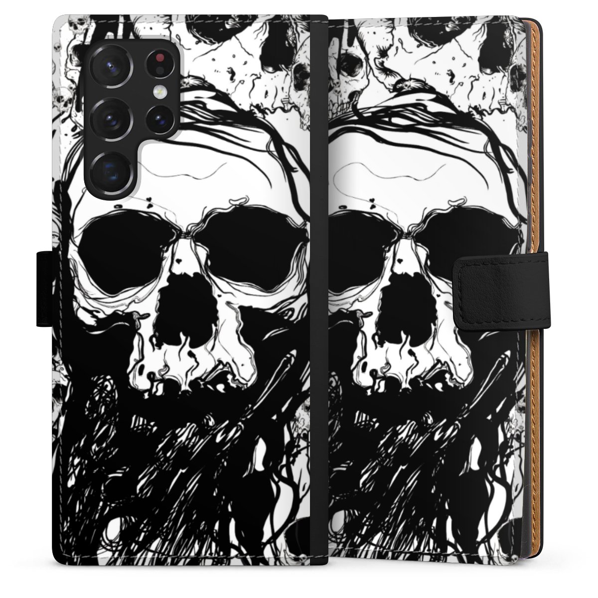 Galaxy S22 Ultra Handy Klapphülle Handyhülle aus Kunst Leder schwarz Flip Case Totenkopf Halloween Sideflip mit Lasche