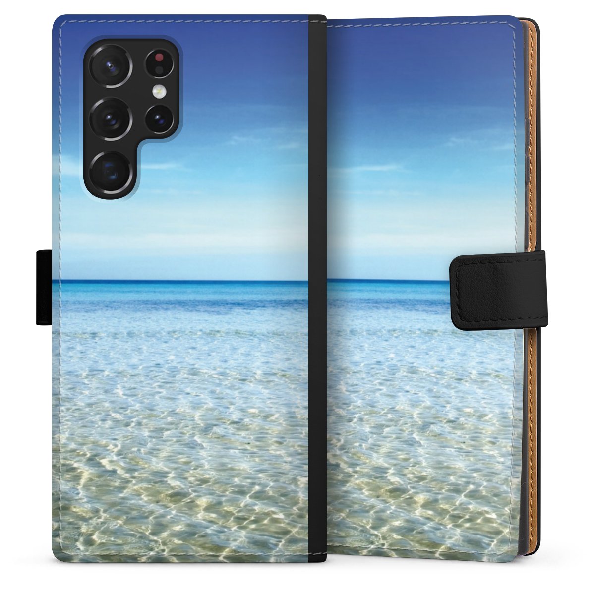 Galaxy S22 Ultra Handy Klapphülle Handyhülle aus Kunst Leder schwarz Flip Case Urlaub Sky Ocean Sideflip mit Lasche