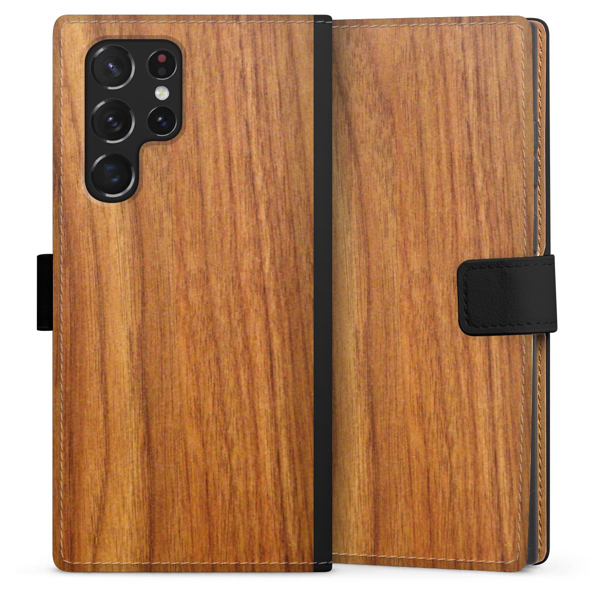 Galaxy S22 Ultra Handy Klapphülle Handyhülle aus Kunst Leder schwarz Flip Case Wood Larch Wooden Look Sideflip mit Lasche