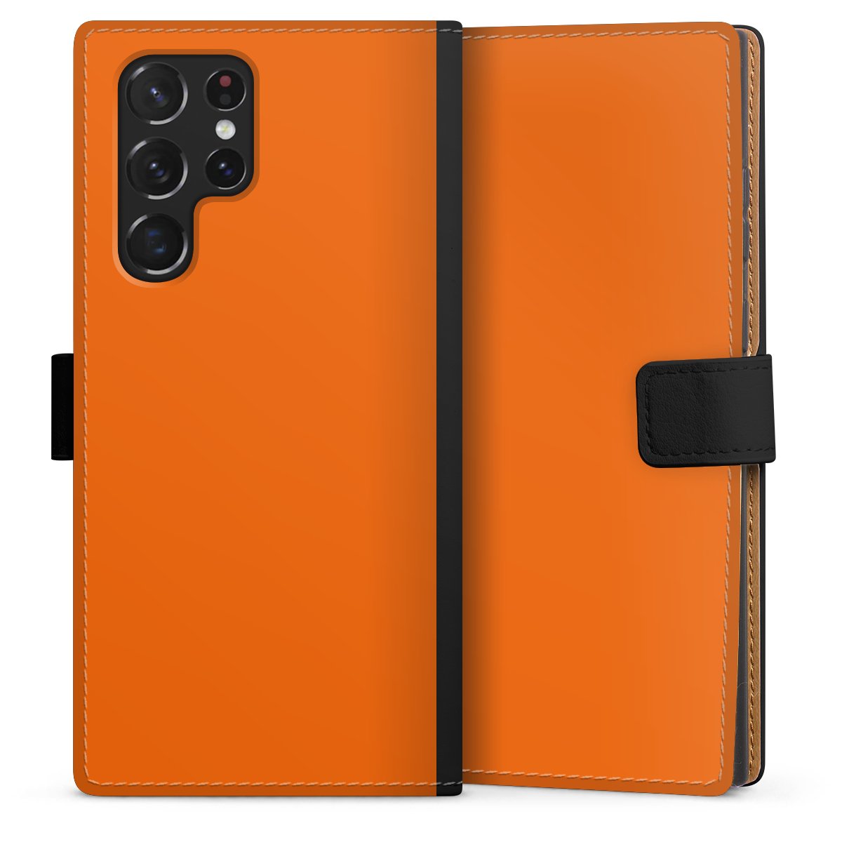 Galaxy S22 Ultra Handy Klapphülle Handyhülle aus Kunst Leder schwarz Flip Case Orange Colour Unicoloured Sideflip mit Lasche