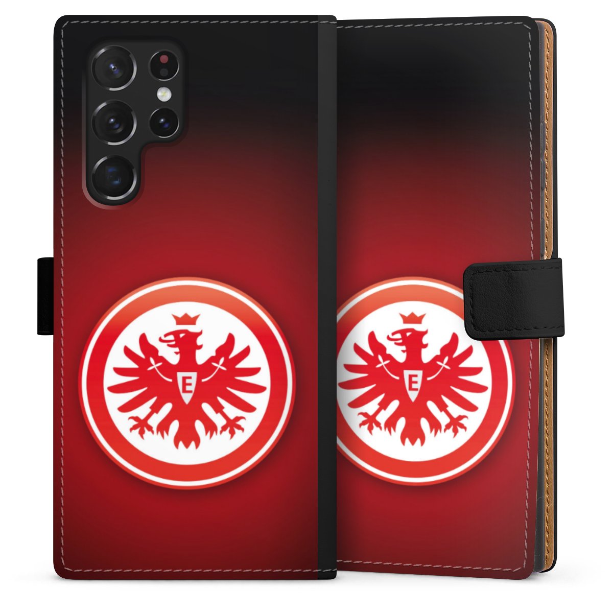 Galaxy S22 Ultra Handy Klapphülle Handyhülle aus Kunst Leder schwarz Flip Case Eintracht Frankfurt Official Licensed Product Coat Of Arms Sideflip mit Lasche