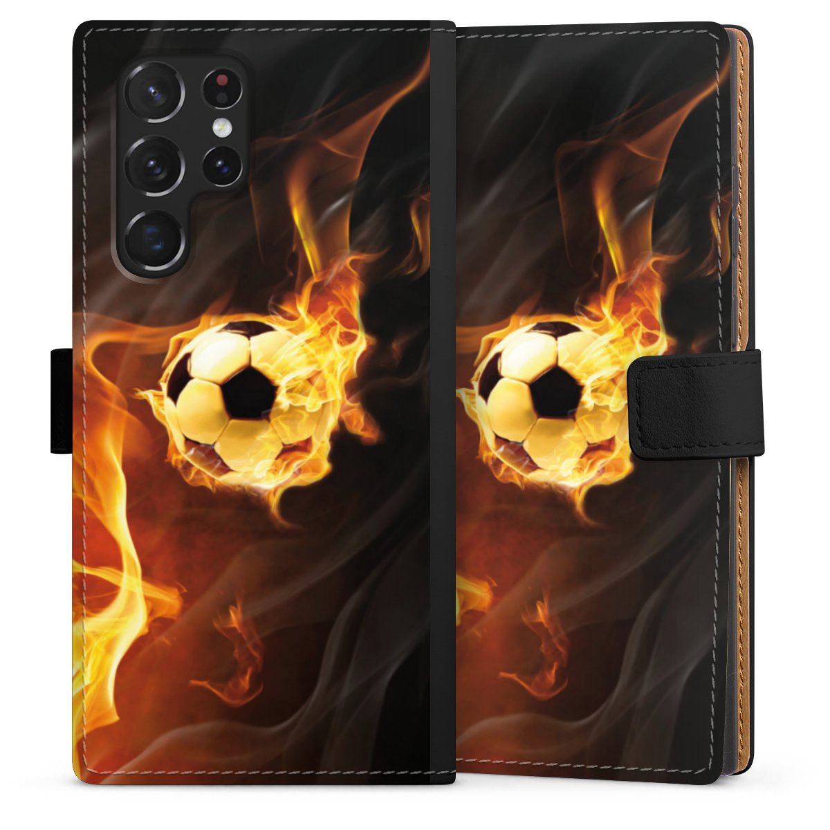 Galaxy S22 Ultra Handy Klapphülle Handyhülle aus Kunst Leder schwarz Flip Case Ball Fire Soccer Sideflip mit Lasche