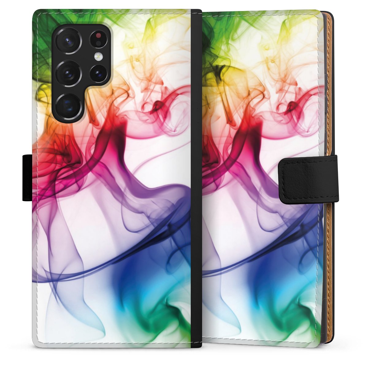 Galaxy S22 Ultra Handy Klapphülle Handyhülle aus Kunst Leder schwarz Flip Case Water Colour Rainbow Sideflip mit Lasche