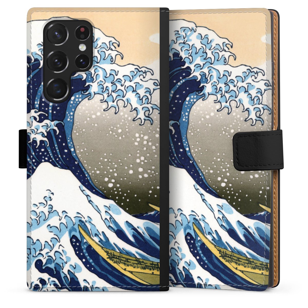 Galaxy S22 Ultra Handy Klapphülle Handyhülle aus Kunst Leder schwarz Flip Case Kunst Katsushika Hokusai Die Große Welle Vor Kanagawa Sideflip mit Lasche