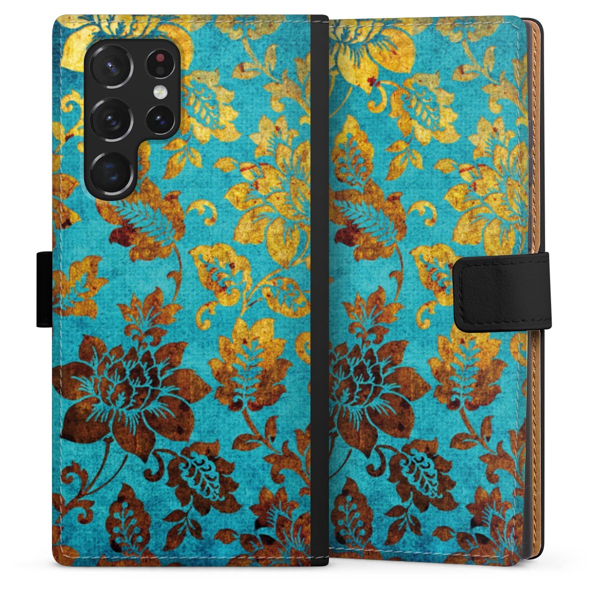 Galaxy S22 Ultra Handy Klapphülle Handyhülle aus Kunst Leder schwarz Flip Case Ornament Vintage Flowers Sideflip mit Lasche