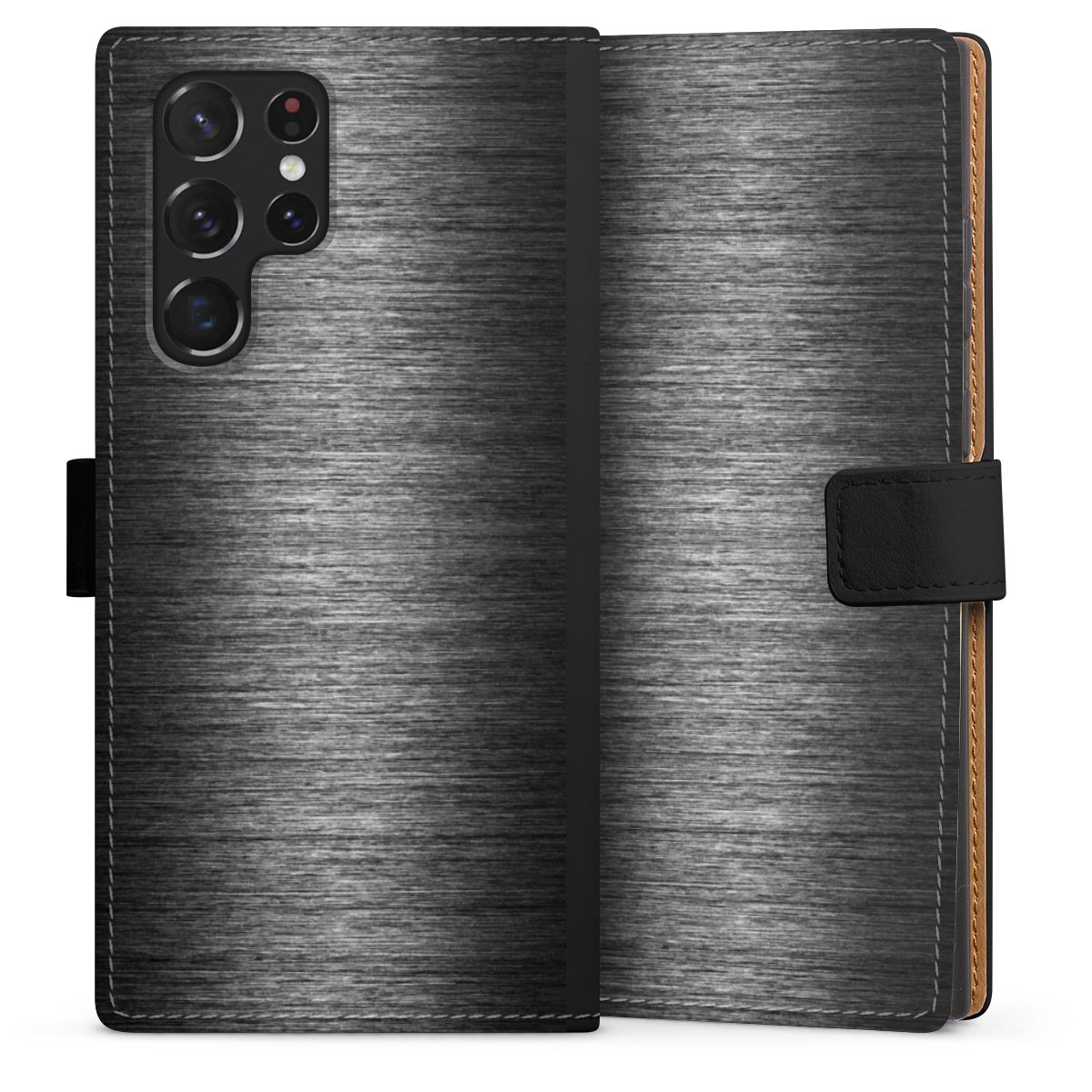 Galaxy S22 Ultra Handy Klapphülle Handyhülle aus Kunst Leder schwarz Flip Case Metallic Look Anthracite Metal Sideflip mit Lasche