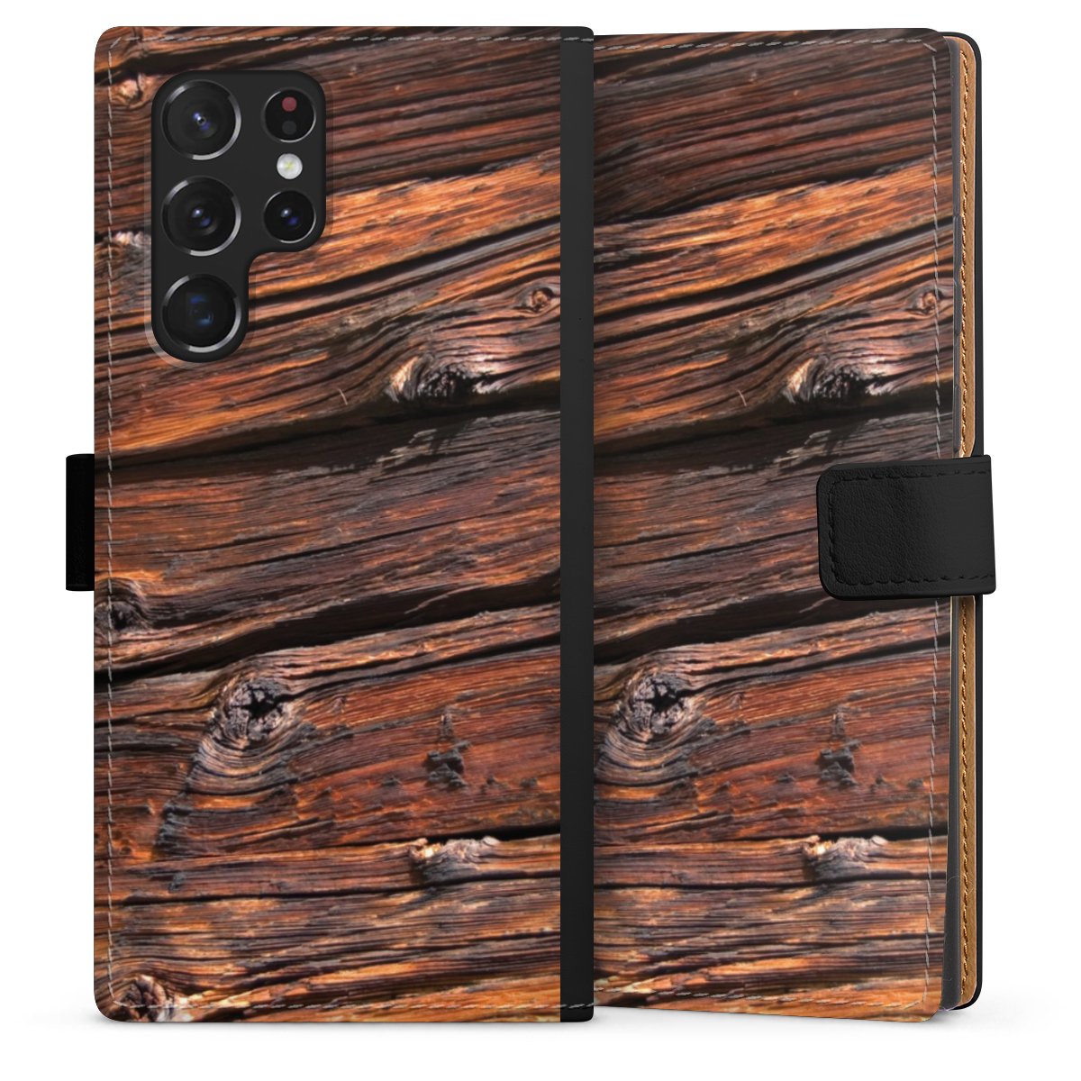 Galaxy S22 Ultra Handy Klapphülle Handyhülle aus Kunst Leder schwarz Flip Case Beams Wooden Look Wood Sideflip mit Lasche