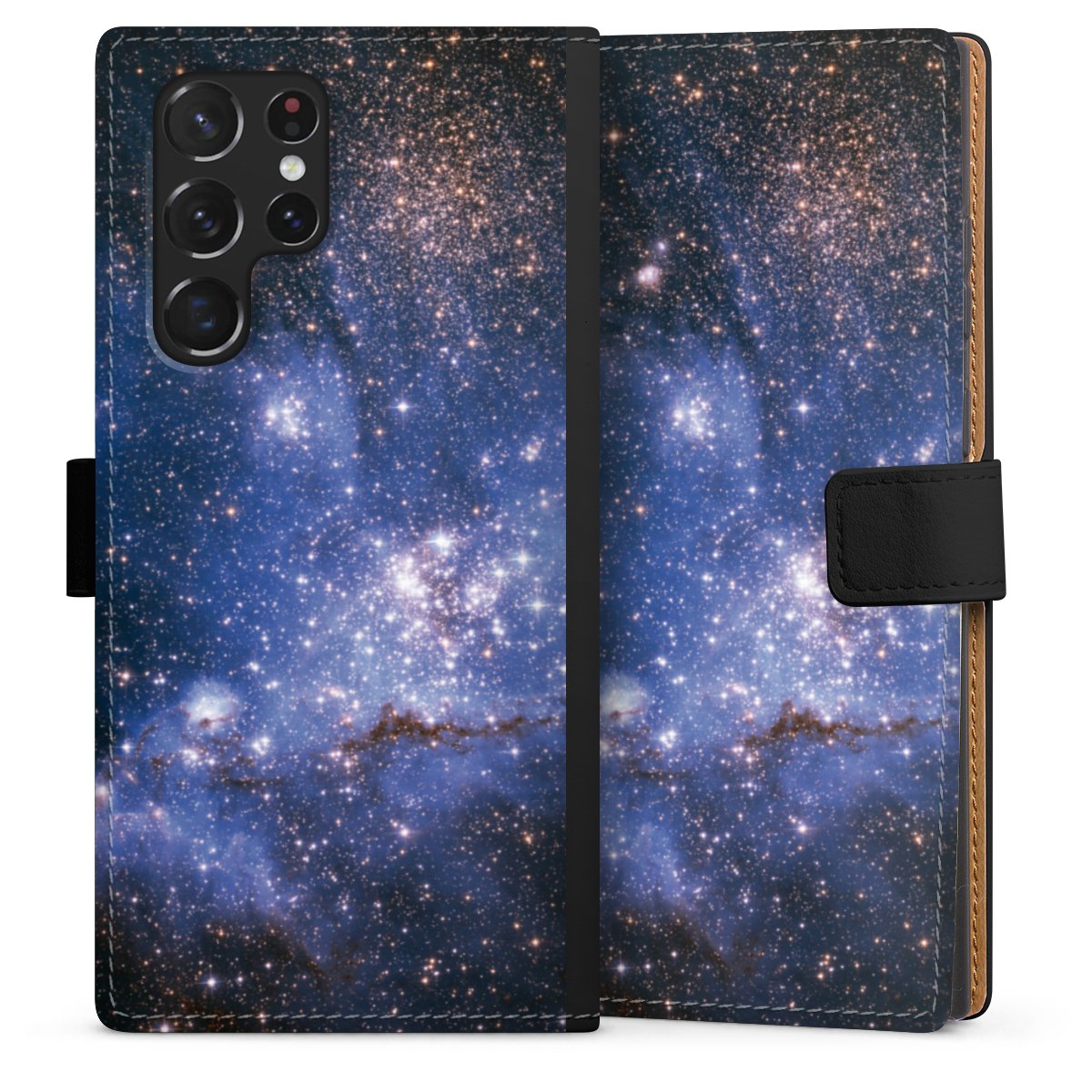 Galaxy S22 Ultra Handy Klapphülle Handyhülle aus Kunst Leder schwarz Flip Case Weltall Galaxy Weltraum Sideflip mit Lasche