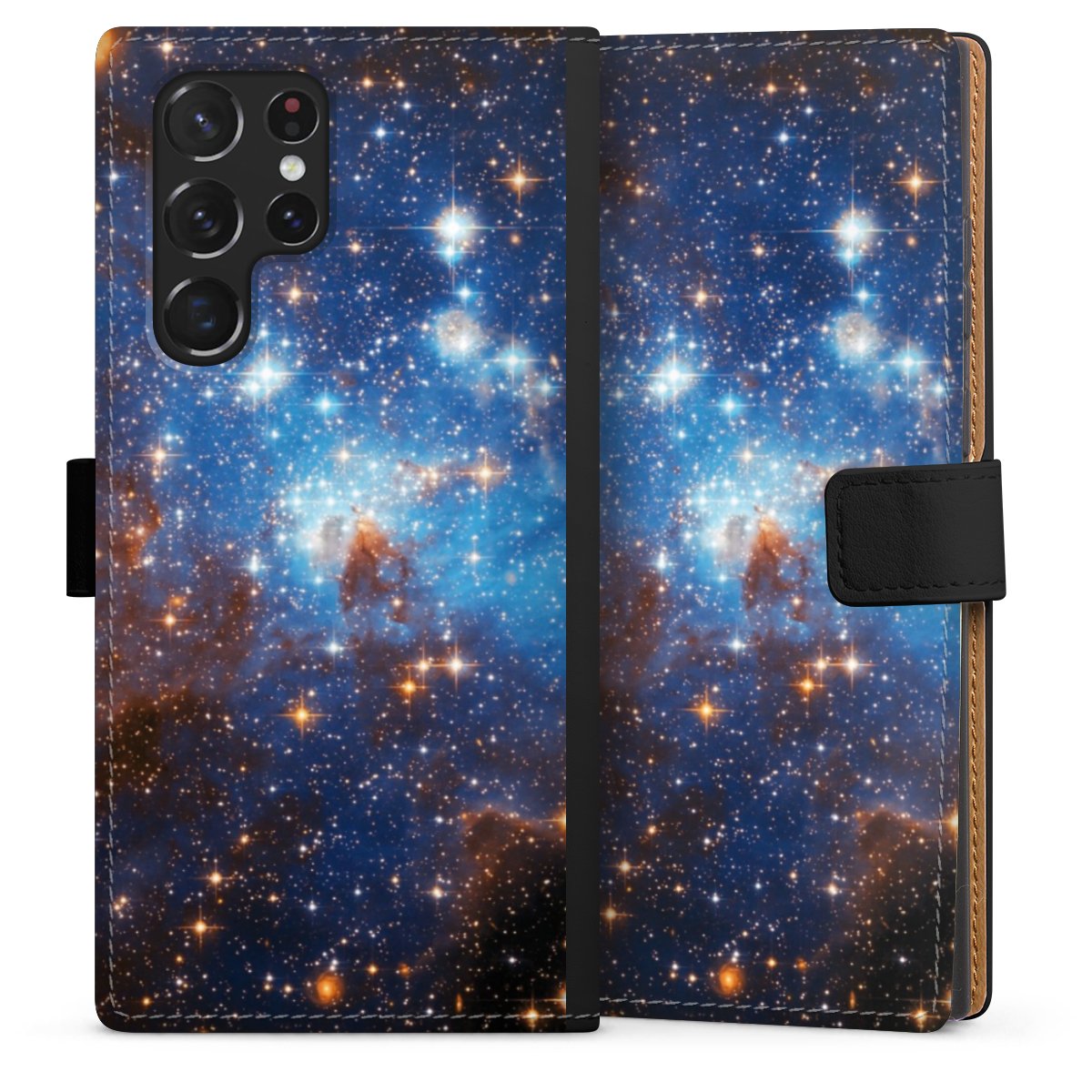 Galaxy S22 Ultra Handy Klapphülle Handyhülle aus Kunst Leder schwarz Flip Case Star Weltall Galaxy Sideflip mit Lasche