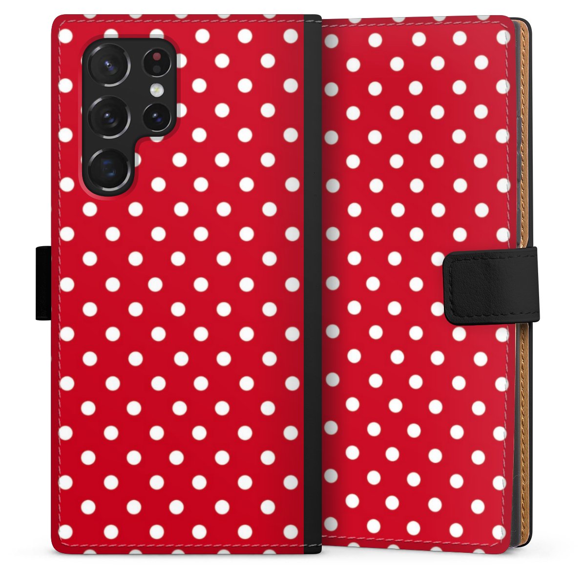 Galaxy S22 Ultra Handy Klapphülle Handyhülle aus Kunst Leder schwarz Flip Case Points Polka Dots Retro Sideflip mit Lasche