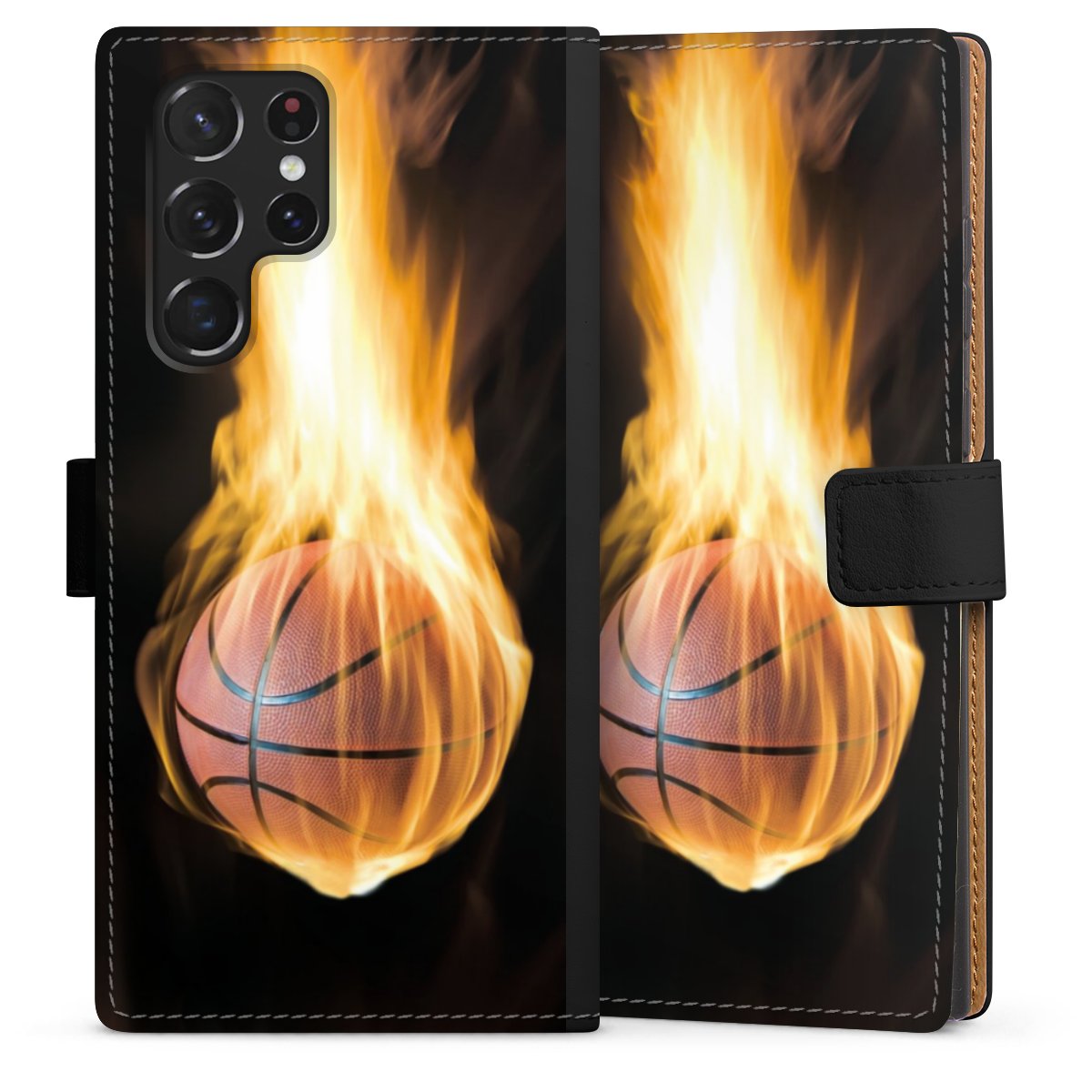 Galaxy S22 Ultra Handy Klapphülle Handyhülle aus Kunst Leder schwarz Flip Case Basketball Sports Fire Sideflip mit Lasche