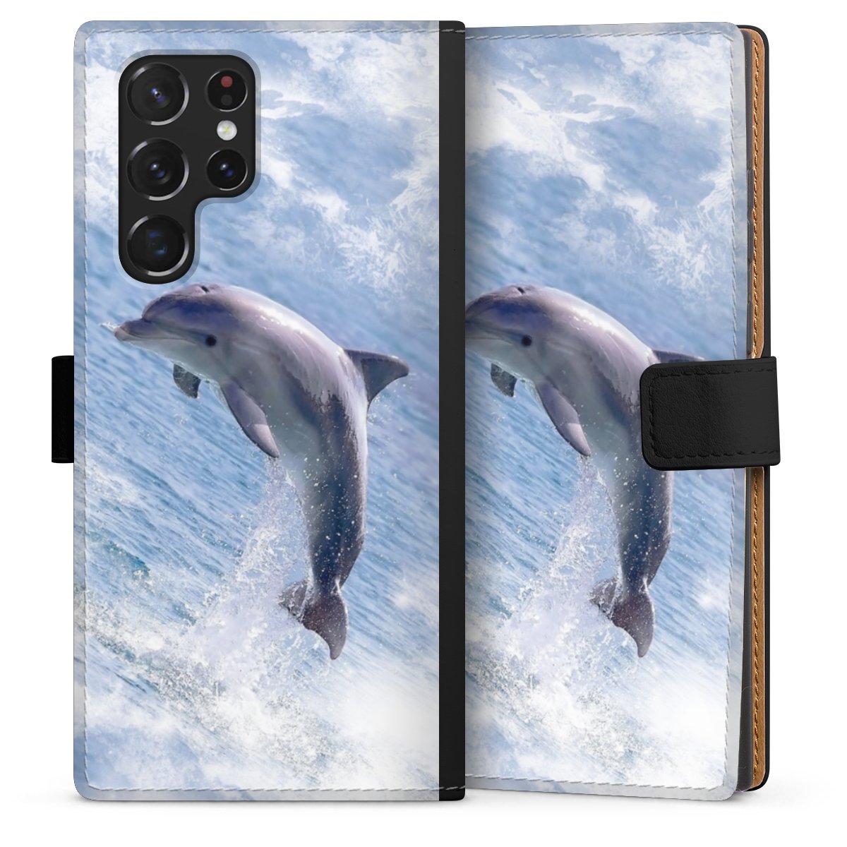 Galaxy S22 Ultra Handy Klapphülle Handyhülle aus Kunst Leder schwarz Flip Case Dolphin Ocean Wale Sideflip mit Lasche