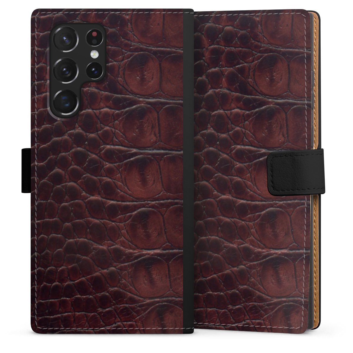 Galaxy S22 Ultra Handy Klapphülle Handyhülle aus Kunst Leder schwarz Flip Case Crocodile Animal Print Leather Sideflip mit Lasche