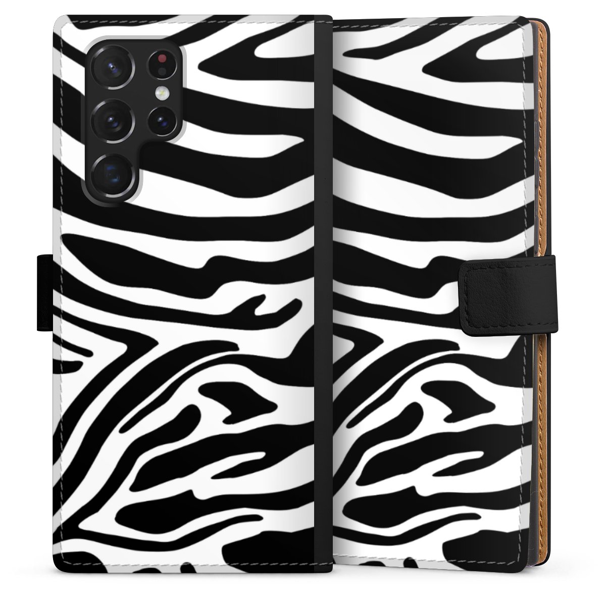 Galaxy S22 Ultra Handy Klapphülle Handyhülle aus Kunst Leder schwarz Flip Case Zebra Animal Look Animal Print Sideflip mit Lasche