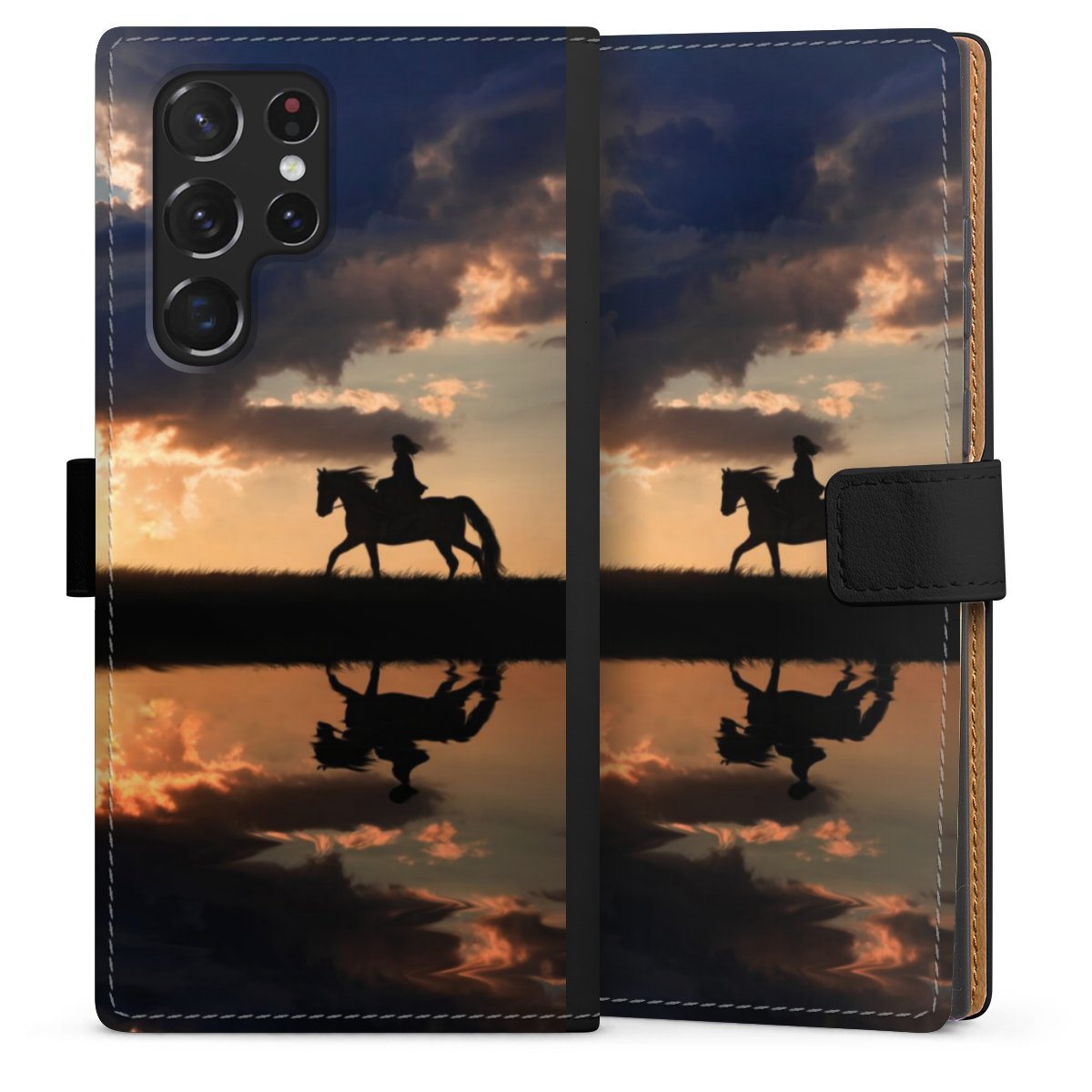 Galaxy S22 Ultra Handy Klapphülle Handyhülle aus Kunst Leder schwarz Flip Case Horse Sunset Horseback Riding Sideflip mit Lasche