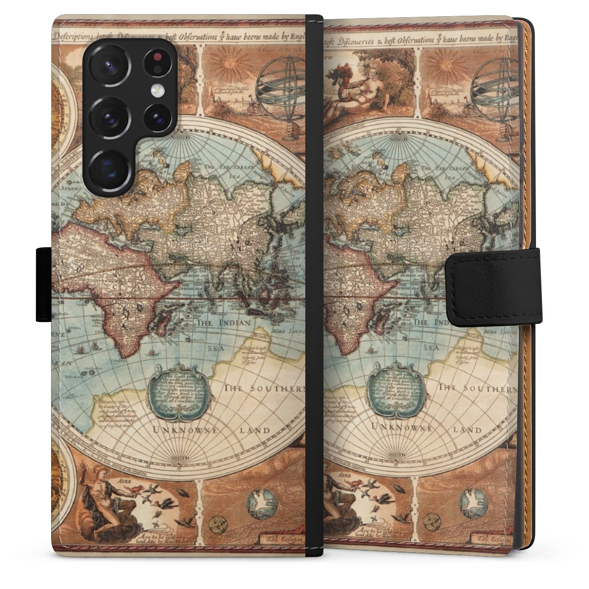 Galaxy S22 Ultra Handy Klapphülle Handyhülle aus Kunst Leder schwarz Flip Case World Map Vintage Map Sideflip mit Lasche