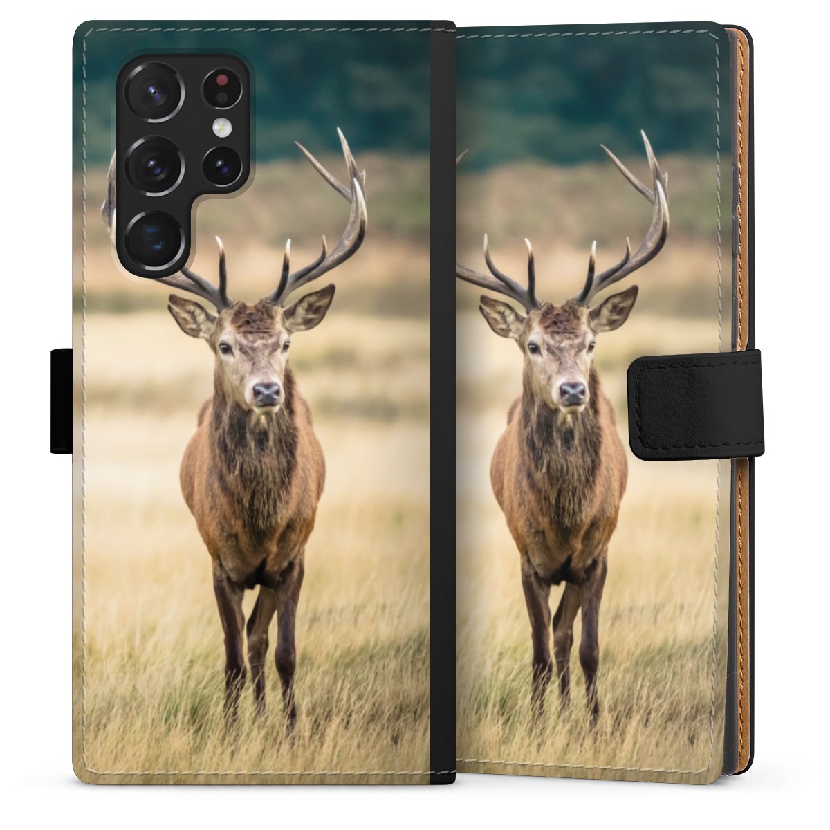 Galaxy S22 Ultra Handy Klapphülle Handyhülle aus Kunst Leder schwarz Flip Case Deer Meadow Forrest Sideflip mit Lasche