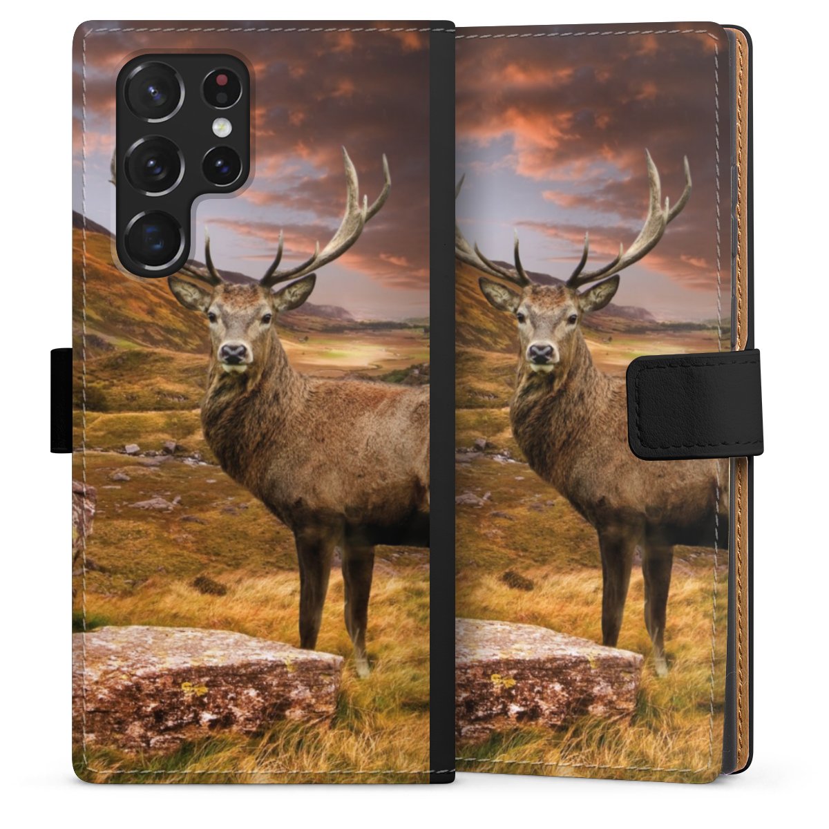 Galaxy S22 Ultra Handy Klapphülle Handyhülle aus Kunst Leder schwarz Flip Case Meadow Mountain Deer Sideflip mit Lasche