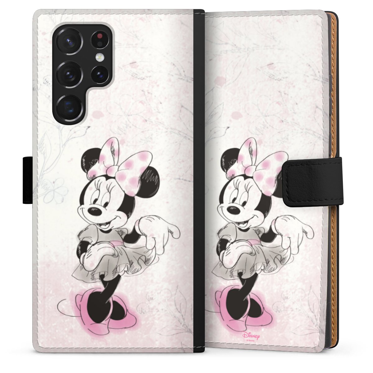 Galaxy S22 Ultra Handy Klapphülle Handyhülle aus Kunst Leder schwarz Flip Case Disney Minnie Mouse Vintage Sideflip mit Lasche