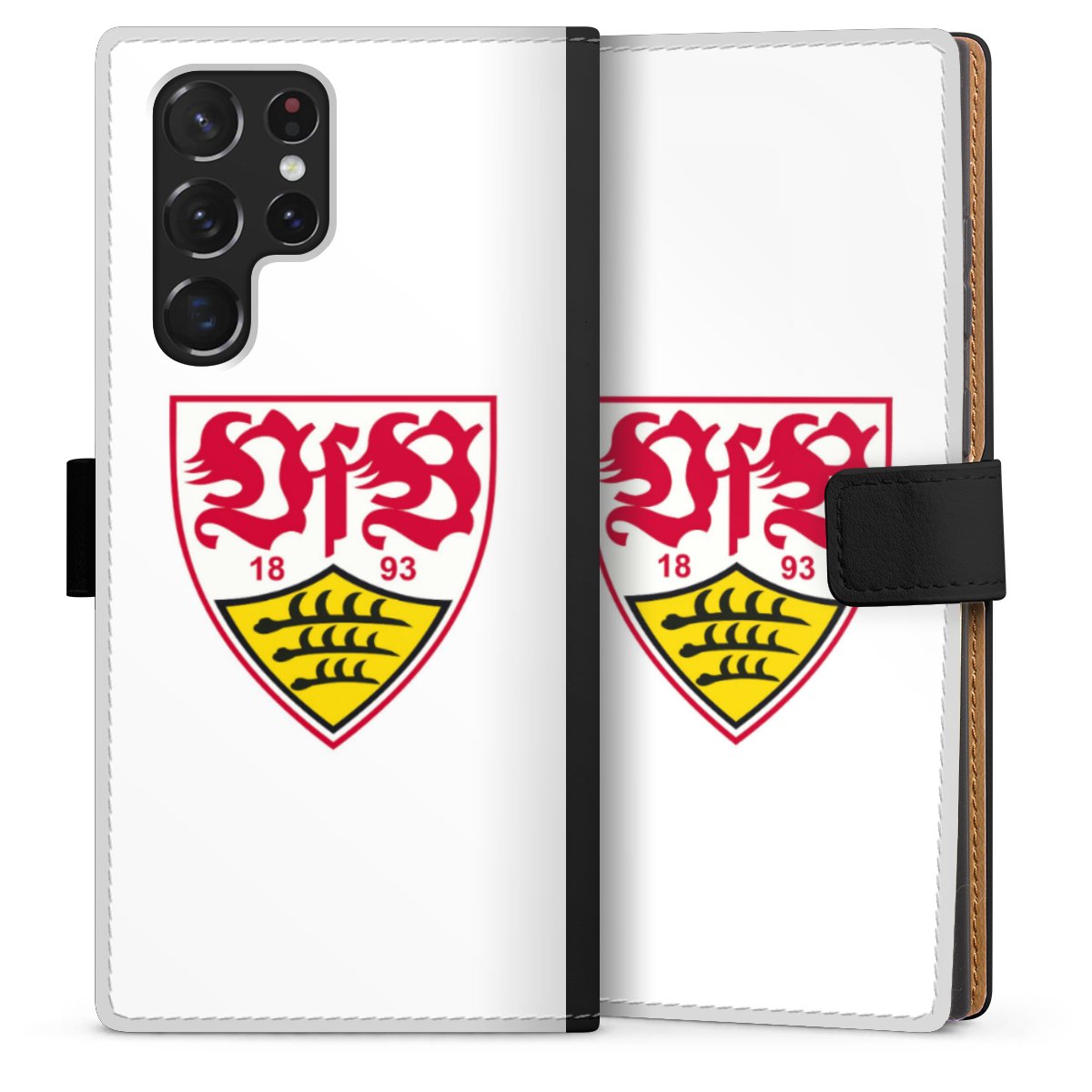 Galaxy S22 Ultra Handy Klapphülle Handyhülle aus Kunst Leder schwarz Flip Case Logo Official Licensed Product Vfb Stuttgart Sideflip mit Lasche