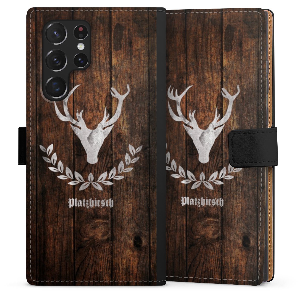 Galaxy S22 Ultra Handy Klapphülle Handyhülle aus Kunst Leder schwarz Flip Case Deer Wood Wooden Look Sideflip mit Lasche